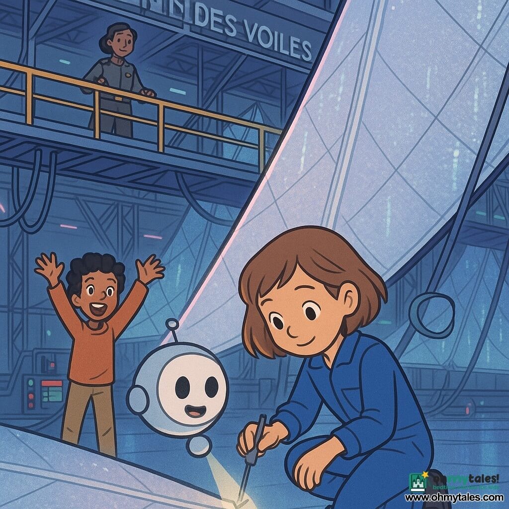 Mira is a focused, smiling girl engineer of about 10 with short light brown hair in a blue jumpsuit, crouching to repair a cracked sensor on a huge solar sail with a tiny shiny tool; Omi is a small round silver companion robot, cheerful and floating beside her with a soft light pointing at the sensor; Jax is an enthusiastic 11-year-old boy with curly black hair, standing left a few steps behind Mira with arms raised to encourage; the Captain is a kind-faced woman of about 40 in a gray uniform with a star-shaped badge, watching from an elevated walkway; the scene is a vast, well-lit sailyard bay with giant metal frames, shimmering silver sails, cables and colorful consoles, and a smooth bluish-reflective floor; main focus on Mira's delicate hands, the cracked sensor and the robot's light, while sails unfold and glow under soft neon in the background.