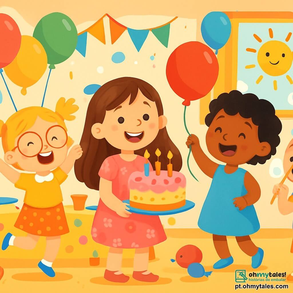 Há 4 crianças: Ana, uma menina de 6 anos com cabelos longos e castanhos e olhos brilhantes, vestindo um vestido rosa com flores, sorrindo alegremente enquanto segura um grande bolo de aniversário; Bia, uma menina de 5 anos com cabelos loiros em tranças e óculos redondos, vestindo uma camiseta amarela e uma saia de bolinhas, pulando de alegria ao lado de Ana; Lu, uma menina de 6 anos com cabelos negros e cacheados, usando um vestido azul, segurando um balão vermelho e rindo ao olhar para Ana e Bia; Cami, uma menina de 5 anos com cabelos castanhos e uma pequena trança, vestindo uma camiseta verde e um short de flores, soprando bolhas de sabão ao lado das outras. O cenário é uma sala de festa colorida, decorada com balões e guirlandas brilhantes, com uma grande mesa coberta por uma toalha alegre, um enorme bolo de aniversário no centro, cercado por pratos e copos. A cena mostra Ana e suas amigas celebrando seu aniversário, cercadas de risos e alegria, cantando "Parabéns" enquanto se preparam para soprar as velas do bolo, com bolhas de sabão flutuando ao redor, criando uma atmosfera mágica e festiva.