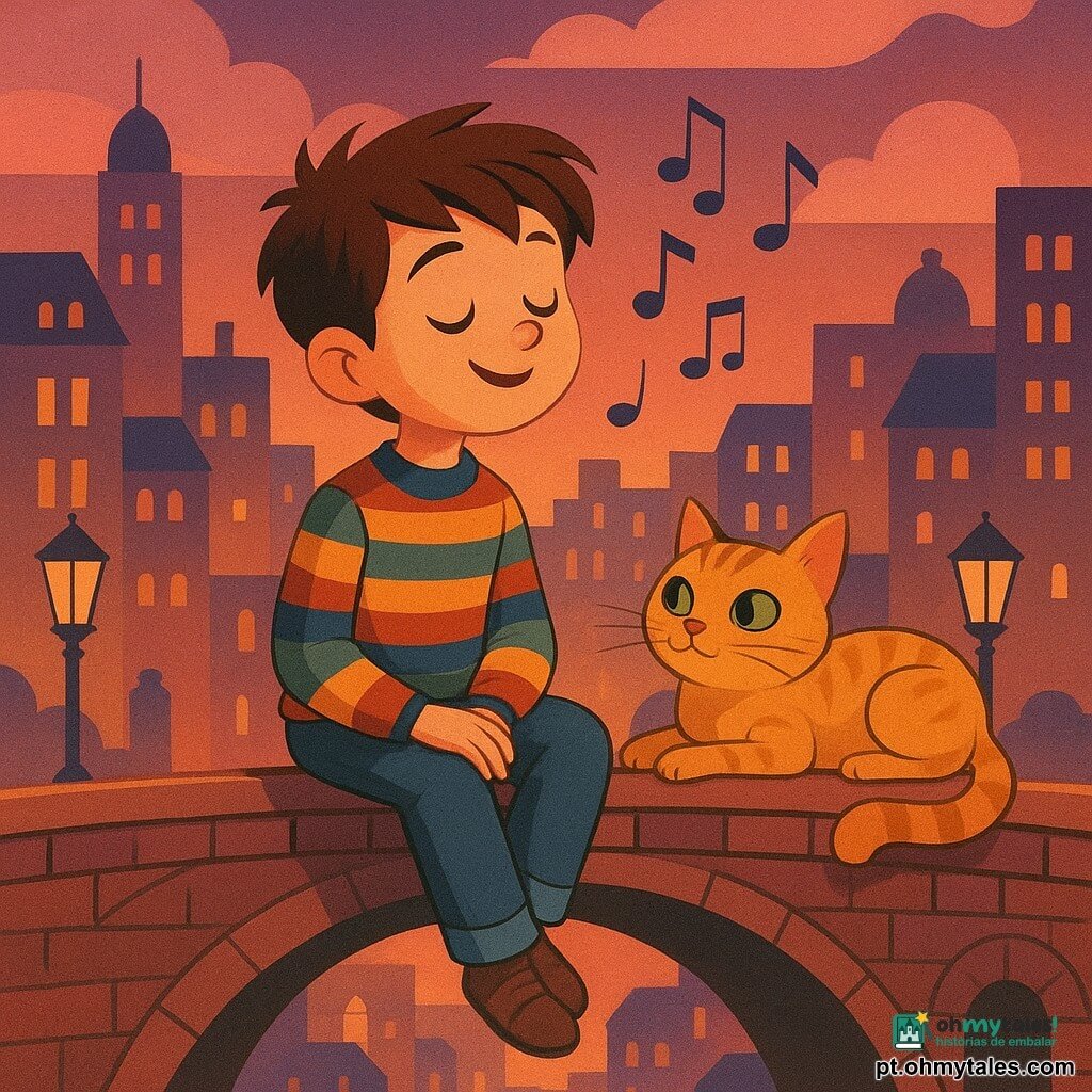 Tomás, um menino de 8 anos com cabelos castanhos desgrenhados e olhos curiosos, está sentado em um viaduto, cantando suavemente. Ele veste um suéter listrado colorido e calças jeans, com um sorriso sonhador no rosto. Ao seu lado, um gato de pelagem cor de mel, chamado Âmbar, está deitado, ronronando harmoniosamente. O gato tem olhos verdes brilhantes e uma postura relaxada. Ao fundo, a cidade se estende com seus edifícios de janelas iluminadas e postes de luz art déco iluminando as ruas de paralelepípedos. A cena acontece ao crepúsculo, com um céu tingido de tons rosa e violeta. Tomás e Âmbar estão envolvidos em uma atmosfera acolhedora e mágica, onde as notas musicais parecem flutuar no ar, trazendo uma sensação de calma e encantamento.