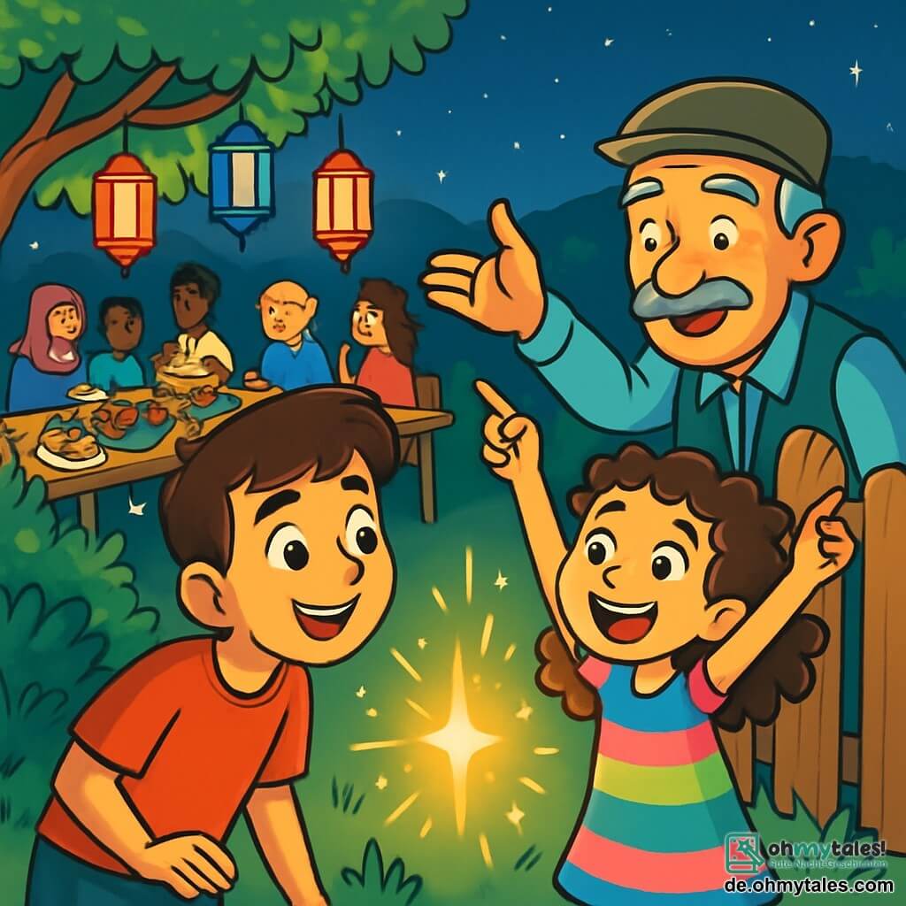 Ein 12-jähriger Junge, Ali, mit braunen Haaren und funkelnden Augen, schaut fasziniert auf ein geheimnisvolles goldenes Licht, das im Garten strahlt. Sein Gesicht zeigt Neugier und Aufregung, mit einem leichten Lächeln auf den Lippen. Neben ihm springt seine 8-jährige Schwester Aylin, mit lockigem Haar und einem bunten Kleid, vor Freude in die Luft und zeigt auf das Licht. Ihr Nachbar, Herr Yilmaz, ein älterer Mann mit grauem Schnurrbart und traditionellem Hut, steht am Zaun, lächelt und gestikuliert, um die Aufmerksamkeit der Kinder zu erregen. Die Szene spielt in einem warmen Garten, beleuchtet von bunten Laternen, wo Nachbarn sich um einen großen Holztisch versammeln, der mit traditionellen Ramadan-Gerichten dekoriert ist. Die Nacht ist sternenklar, und die Luft ist erfüllt vom köstlichen Duft der zubereiteten Speisen. Im Mittelpunkt der Illustration beobachten Ali und Aylin fasziniert das geheimnisvoll funkelnde goldene Licht, während die anderen Nachbarn neugierig näherkommen und eine Atmosphäre von Magie und kollektiver Freude schaffen.
