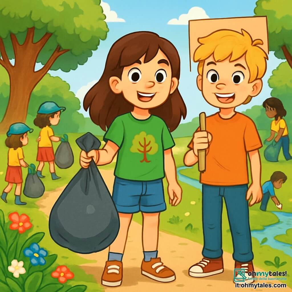 Una ragazza di 12 anni di nome Sofia, con lunghi capelli castani e occhi brillanti di determinazione, si trova al centro della scena, sorridente e piena di energia. Indossa una maglietta verde con un motivo ad albero e pantaloni corti di jeans, tenendo un sacco della spazzatura pieno di rifiuti che ha appena raccolto. Accanto a lei, il suo amico Marco, un ragazzo di 12 anni con capelli biondi disordinati e un sorriso incoraggiante, tiene un cartello di cartone su cui è scritto "Proteggiamo la nostra natura!". Il luogo è una splendida riserva naturale, con alberi maestosi dalle foglie verdi brillanti, un sentiero tortuoso bordato di fiori colorati e un ruscello scintillante che scorre pacificamente sullo sfondo. La scena principale mostra Sofia e Marco, circondati da altri bambini e adulti, intenti a raccogliere rifiuti per pulire la riserva, tutti sorridenti e impegnati in questa bella missione ecologica.