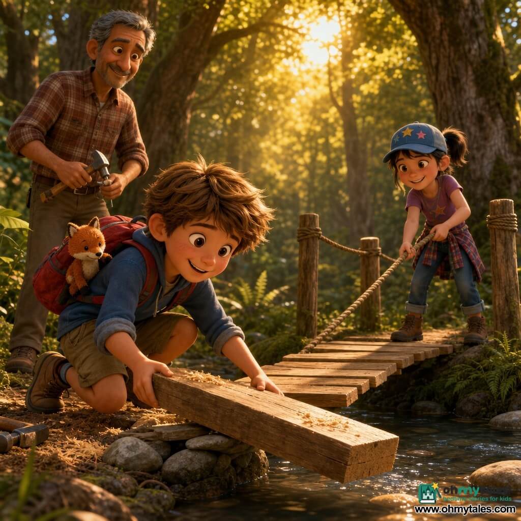 An 8-year-old boy, Eli, round-faced with messy light brown hair and bright brown eyes, kneels at the edge of a shallow stream placing a heavy wooden plank with sawdust as a bridge; an 8-year-old girl, Maya, with a black ponytail, a cap with star stickers and a mischievous smile, steadies the plank from the other bank holding a knotted rope; a neighbor, Mr. Singh, about 50, brown-skinned with salt-and-pepper hair and a plaid shirt, stands back with a small hammer and nails, kindly ready to help; a small worn red-furred fox plush, Mr. Whisk, sits on Eli’s red backpack watching like a faithful companion; the setting is a shallow stream with smooth stones, clear sparkling water, mossy banks and ferns in an oak-lined glade with golden sun rays dappling the ground; the children are building a rustic footbridge—planks on stone piers, ropes as handrail, wood chips on the ground, focused and collaborative, warm adventurous late-afternoon atmosphere.