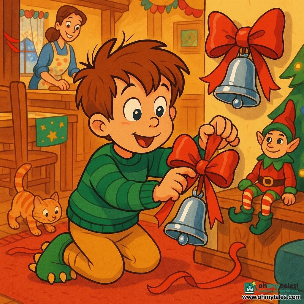 A 6-year-old boy, Leo, round-faced with messy brown hair and big bright eyes, amazed and focused, kneeling on a red rug as he reaches to untie a shiny red bow to retrieve a small silver bell, wearing a green striped sweater and dinosaur slippers; a small Elf on the Shelf toy in red and green sits on a wooden shelf with a mischievous painted face and tilted hat, the bell hung on the wall behind him with a large red bow; the mother, about 30, brown hair tied back and wearing a powdered floral apron, stands at the back by a counter rolling cookie dough and smiling from the left of the table; Muffin the small orange tabby sniffs a fallen ribbon by the sofa with tail up; the living-dining room is decorated for Christmas with a wooden table and star runner, a frosted window with embroidered curtain, a lit tree to the right, garlands and ribbons and warm golden light — the key moment captures Leo untying the bow to free the bell, joyful atmosphere, textured details and bright contrasting colors like a 1990s cartoon.