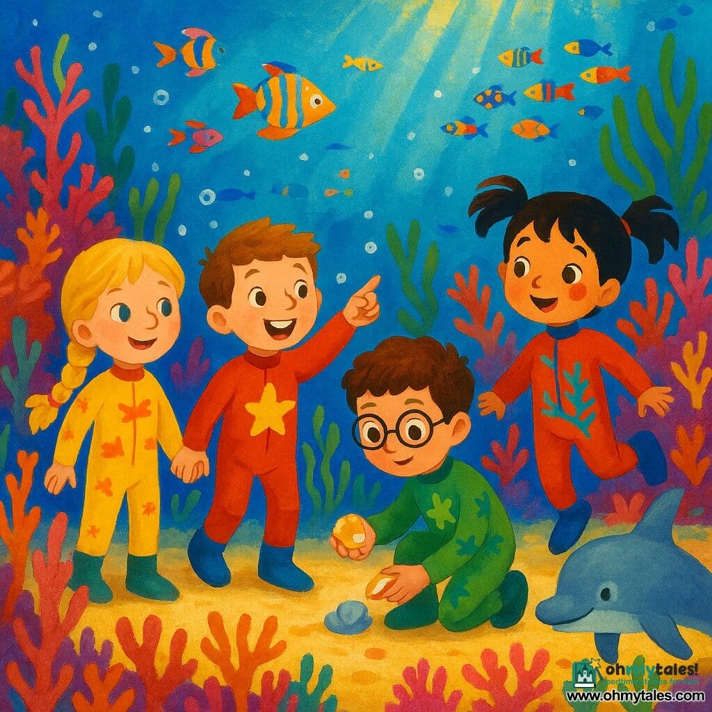There are four children: Lily, girl, 9, long blonde braided hair and sparkling green eyes, standing left on the sandy path holding Max’s hand and looking in wonder at the coral garden; Max, boy, 9, short brown hair and freckles with a wide smile, slightly center-left, pointing at a colorful fish; Ben, boy, 8, curly brown hair and round glasses with a curious expression, kneeling center-right to pick up a shiny shell; Zoe, girl, 8, black pigtails and a joyful face with a small paint spot on her cheek, on the right, bouncing slightly with a playful dolphin beside her. All wear matching colorful wetsuits with small marine patterns. They follow a glowing sandy path winding through a vivid underwater coral garden of pink, orange and purple coral towers, emerald sea grasses, and schools of multicolored fish forming bright shapes as golden sunlight filters through clear water and delicate bubbles rise; the scene is magical, joyful and painterly with visible gouache textures and brushstrokes.