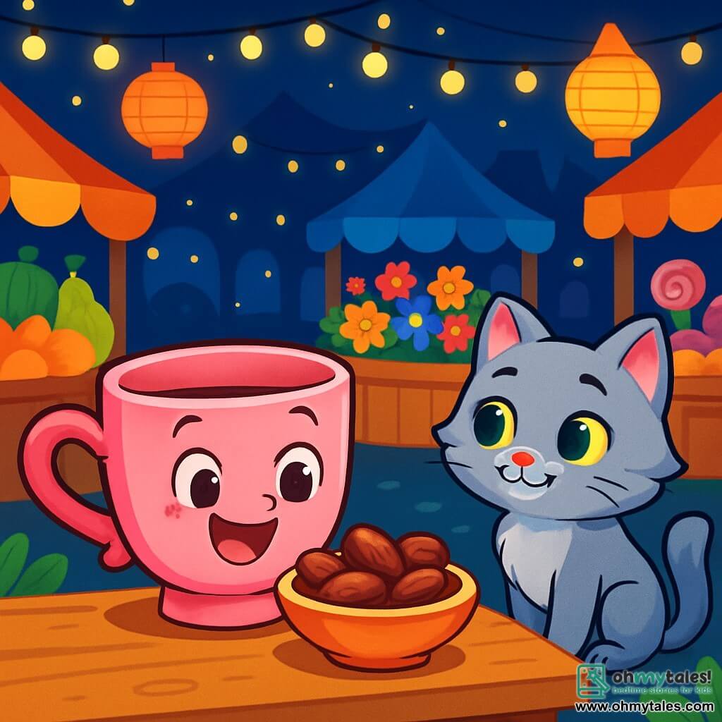 Tilly, a small pink teacup with a lovely heart-shaped handle, shines with excitement and joy, her eyes sparkling with happiness as she stands on a wooden table. Next to her, Luna, a soft silver-furred cat, looks at Tilly with a soothing smile, her large green eyes filled with tenderness, sitting on the floor, ready to help. The scene takes place in a vibrant night market, illuminated by sparkling string lights and filled with colorful stalls overflowing with fruits, flowers, and sweets. Tilly and Luna are surrounded by floating paper lanterns, creating a magical atmosphere. Enthusiastic Tilly picks juicy dates from a stall, while Luna encourages her with a caring glance, their friendship radiating in this festive setting.