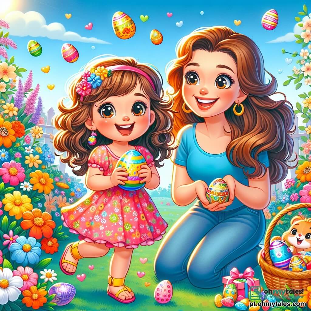 Uma menina de 4 anos, Lúcia, com grandes olhos brilhantes e cabelos cacheados castanhos, sorri alegremente enquanto segura um ovo de Páscoa colorido nas mãos. Ela usa um vestido rosa com flores e sandálias amarelas, cercada de chocolates e ovos coloridos. Ao seu lado, sua mãe, uma mulher de cerca de 30 anos, com cabelos longos e lisos, vestindo uma camiseta azul e jeans, sorri orgulhosamente ao olhar para Lúcia, segurando uma cesta cheia de ovos de Páscoa. A cena acontece em um jardim ensolarado, repleto de flores coloridas, como tulipas e narcisos, sob um céu azul claro com algumas nuvens brancas. Lúcia e sua mãe estão em uma caça aos ovos de Páscoa, Lúcia exclamando de alegria ao descobrir um ovo escondido atrás de uma flor, enquanto sua mãe a incentiva com um sorriso caloroso.