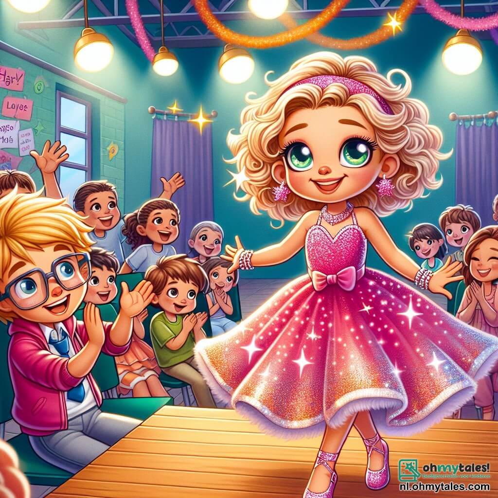 Een 8-jarig meisje met grote, glanzende ogen en krullend haar danst vrolijk op een houten podium, met een stralende glimlach en een zelfverzekerde uitdrukking. Ze draagt een mooie roze glitterjurk die schittert onder de lichten. Naast haar moedigt een 8-jarige jongen met blond haar en een bril haar aan met een grote glimlach, terwijl hij zijn armen in de lucht steekt als teken van applaus. Op de achtergrond zitten kinderen en ouders op stoelen, met hun ogen op het podium gericht, sommigen applaudisserend en anderen glimlachend van bewondering. De locatie is een gymzaal versierd met kleurrijke slingers, met zwevende ballonnen en ondersteunende posters aan de muren. De hoofdscène toont het meisje dat, na een kleine val, met humor weer opstaat en blijft dansen, waardoor ze haar val omtovert tot een grappig moment, wat het publiek laat lachen en applaudisseren.