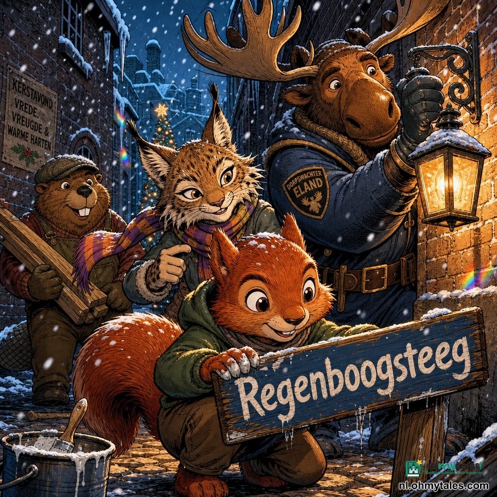 Pip, een jonge antropomorfe eekhoorn met glanzend roodbruine vacht en levendige ogen, glimlachend en geconcentreerd, hurkt met vers geschilderd bord "Regenboogsteeg" en natte verf op zijn pootjes; Lila, een jonge lynx met fijne vlekken en speelse blik, staat achter hem bemoedigend met een gestreepte sjaal in de wind; Dorpswachter Eland, een grote zachte en beschermende eland, hangt rechts een oude ijzeren lantaarn op die warme amberkleurige gloed werpt; Tim de bever, gedrongen en vriendelijk, houdt houtplanken vast op de achtergrond links en draagt een doe-het-zelfmuts. Plaats: smalle, met kasseien verharde steeg met besneeuwde baksteenmuren, fonkelende ijspegels en dikke vallende sneeuwvlokken; situatie: kerstavond, bord wordt onder de verlichte lantaarn bevestigd waardoor de donkere steeg een uitnodigend pad wordt; sfeer: warm, vrolijk en geruststellend met contrasterende kleuren (amberlicht tegen koud blauw), dynamische compositie en grafische stijl met strakke lijnen, verzadigde kleuren en zichtbare sneeuwtextuur.
