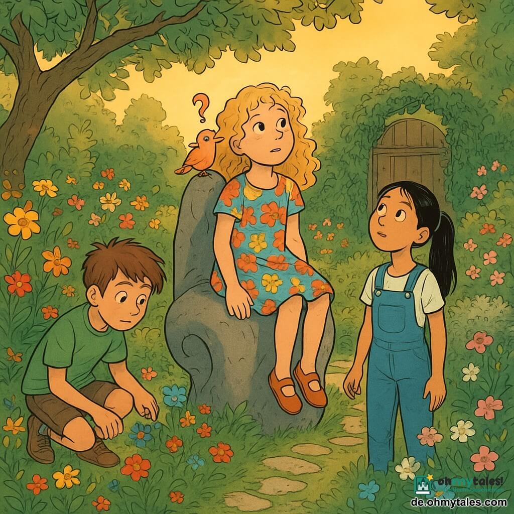 Drei Kinder befinden sich in einem geheimen, verzauberten Garten hinter einem alten Apfelbaum. Lina, ein zehnjähriges Mädchen mit blonden Locken und einem bunten Blumenkleid, sitzt auf einem großen, ohrförmigen Felsen in der Mitte des Bildes. Jonas, ein zehnjähriger Junge mit braunem, zerzaustem Haar und einem grünen T-Shirt, hockt links von Lina und beobachtet aufmerksam die Blumen um ihn herum. Amira, ein zehnjähriges Mädchen mit glattem, schwarzem Haar in einem Pferdeschwanz und einem blauen Overall, steht rechts von Lina und schaut in den Himmel. Der Garten ist voller bunter Blumen, die Geheimnisse zu flüstern scheinen. Ein Steinpfad windet sich zwischen den Blumenbeeten, gesäumt von silbernen Büschen. Im Hintergrund führt ein mit Efeu bedecktes Holztor ins Unbekannte. Die Kinder entdecken diesen magischen Garten, der in goldenes Nachmittagslicht getaucht ist und eine mystische, einladende Atmosphäre schafft. Ein kleiner Vogel mit einer federförmigen Fragezeichen sitzt auf Linas Schulter und verleiht der Szene eine neugierige und magische Note.