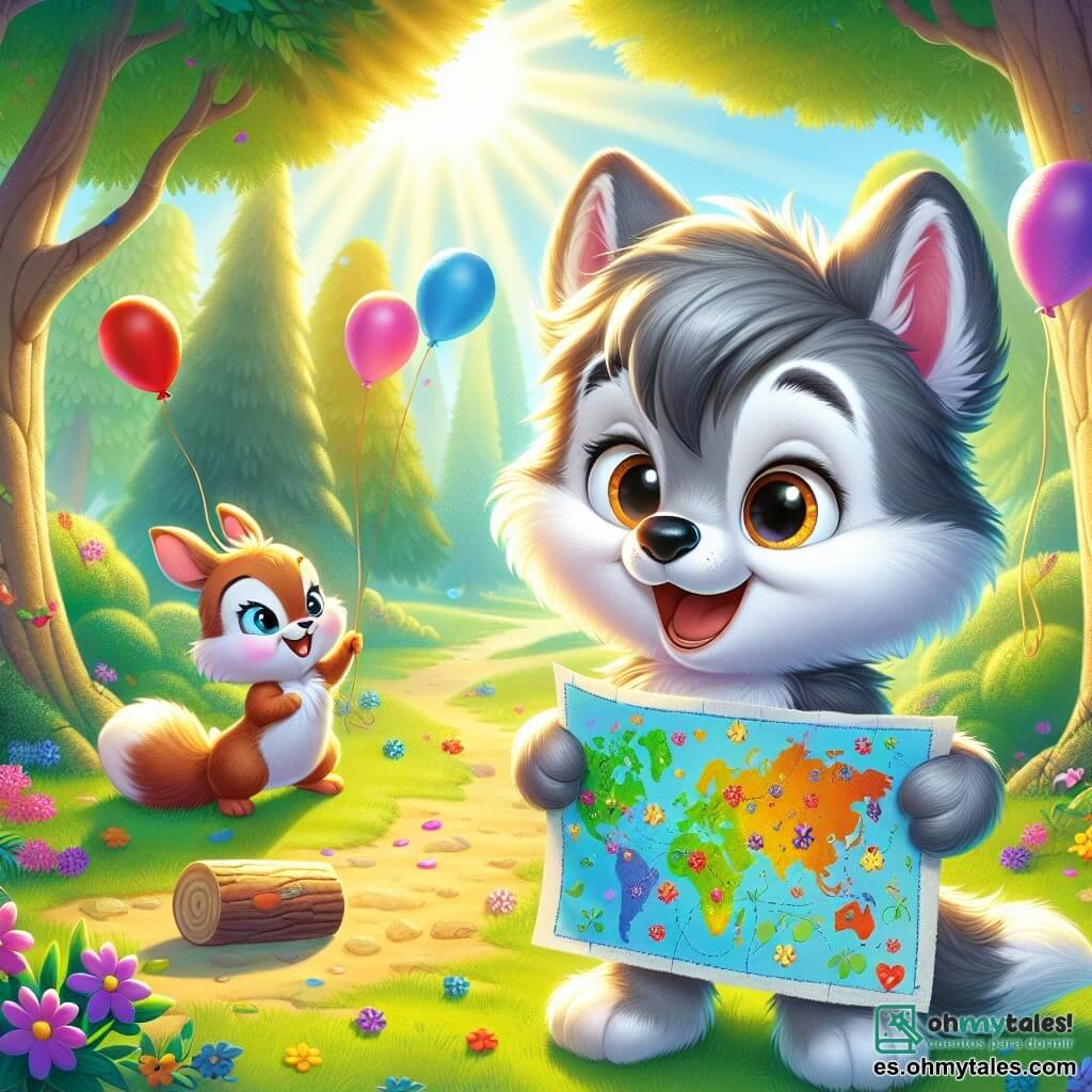 Lupi, un pequeño lobo de pelaje gris suave y ojos brillantes de alegría, está en el centro de la imagen, sonriendo con entusiasmo mientras sostiene un gran cartel colorido que ha dibujado para su mamá. Su expresión está llena de amor y emoción, mientras se encuentra en un claro soleado. A su lado, Chispa, una pequeña ardilla de pelaje rojizo y ojos chispeantes, cuelga flores coloridas de las ramas de los árboles, mostrando una gran sonrisa de satisfacción. Un poco más lejos, Saltarín, un conejito de grandes orejas y pelaje blanco, salta alegremente sosteniendo globos multicolores, su rostro radiante de emoción. El lugar es un claro verde, rodeado de majestuosos árboles con hojas brillantes, y flores silvestres de todos los colores que bailan en la suave brisa. El sol brilla a través de las ramas, creando sombras suaves en el suelo. La situación principal muestra a Lupi y sus amigos preparando una sorpresa para el Día de la Madre, rodeados de decoraciones coloridas, con una atmósfera festiva y alegre, llena de anticipación y amor.
