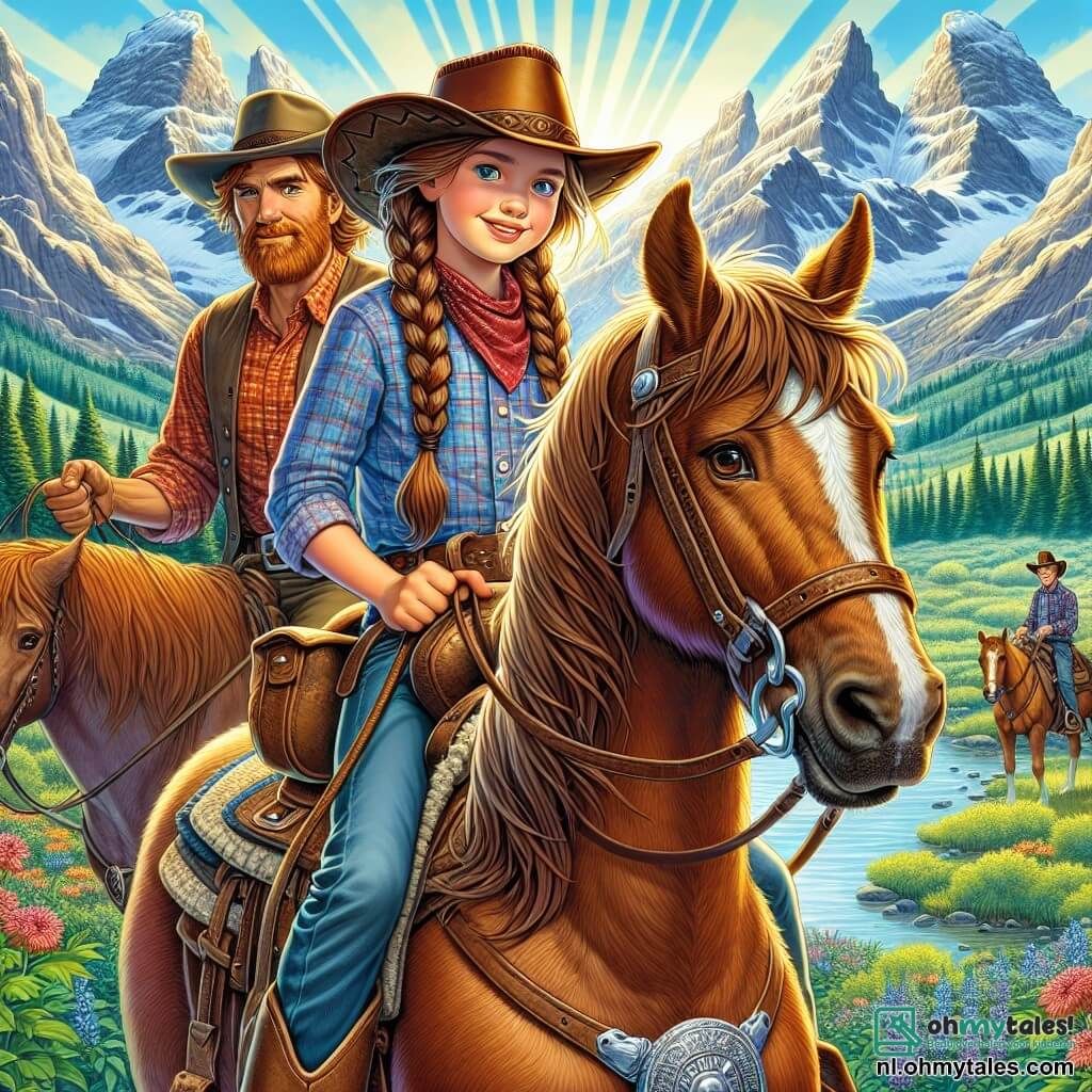 Op de voorgrond staat een jonge cowgirl genaamd Jesse, ongeveer 12 jaar oud, trots op haar rossige paard Rusty. Ze heeft lange, gevlochten, bruine haren, een leren cowboyhoed en een vastberaden glimlach op haar gezicht, die zowel opwinding als moed uitdrukt. In haar hand houdt ze een oude zilveren handgreep vast, terwijl ze in de verte kijkt met nieuwsgierige, sprankelende ogen. Naast haar staat Jack, een man van in de dertig met een rode baard en een brede hoed, die aandachtig de vallei observeert. Hij draagt een geruite blouse en versleten leren laarzen, wat aangeeft dat hij een doorgewinterde avonturier is. De achtergrond toont een majestueuze vallei, omringd door imposante bergen met besneeuwde toppen, terwijl de zonnestralen door de wolken breken. Kleurrijke wilde bloemen bedekken de grond en een glinsterend beekje kronkelt door het landschap, wat een vleugje magie toevoegt aan de omgeving. Jesse en Jack zijn vastbesloten om de mysterieuze vallei te verkennen op zoek naar de legendarische Verloren Stad van Zilver, met een oude kaart voor hen uitgespreid, klaar om ontcijferd te worden en de verborgen geheimen van dit betoverde land te onthullen.
