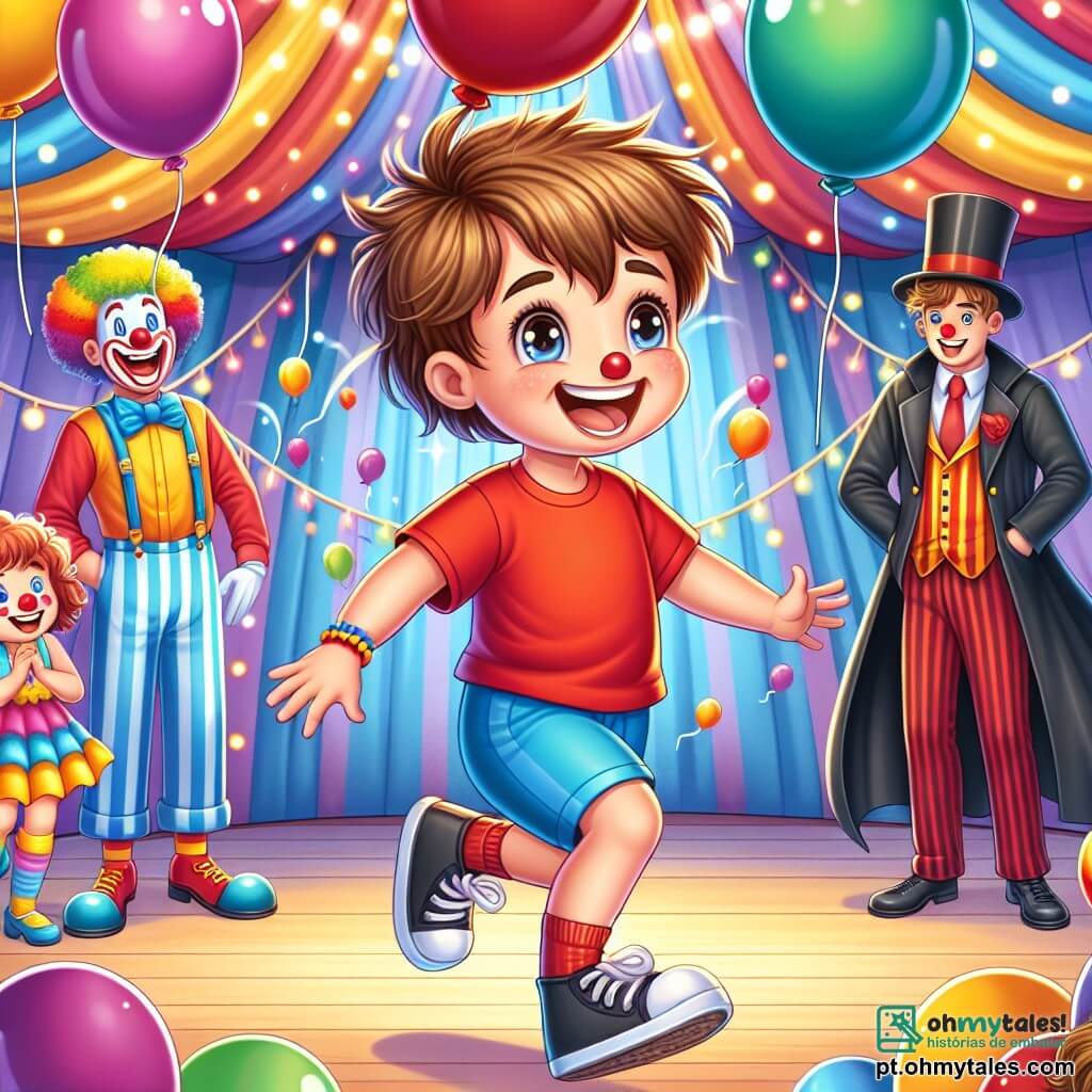 Um menino de 2 anos, com cabelos castanhos bagunçados e olhos brilhantes de alegria, dança entusiasticamente no meio de uma grande tenda de circo colorida, cercado por balões flutuantes. Ele veste uma camiseta vermelha e um short azul, e seu sorriso radiante mostra o quanto está feliz. Ao lado dele, um palhaço alegre, de cerca de 30 anos, com um nariz vermelho e cabelos coloridos, faz caretas para fazer o menino rir. Ele usa um traje listrado e faz malabarismos com bolas coloridas, acrescentando à atmosfera festiva. Um pouco mais longe, um mágico misterioso, de cerca de 40 anos, com uma longa capa preta e um chapéu alto vermelho, observa a cena com um sorriso gentil. Ele segura uma varinha mágica e parece pronto para realizar um truque. A cena acontece dentro de uma grande tenda de circo, decorada com luzes e faixas coloridas, com assentos de madeira e um chão coberto de palha. Luzes cintilantes iluminam o local, criando uma atmosfera mágica. O menino, maravilhado, tenta pegar bolhas coloridas que flutuam ao seu redor, enquanto o palhaço e o mágico o incentivam a se divertir. É um momento de pura alegria e magia, onde a infância e o circo se encontram em um brilho de risos e cores.
