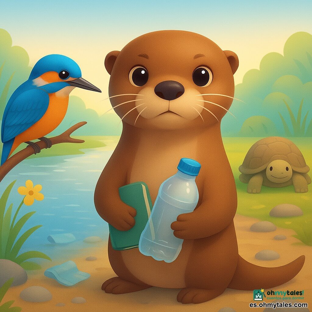 Lila, una joven nutria de bigotes suaves mira con determinación y amabilidad, pelaje marrón brillante, ojos redondos, sostiene una pequeña libreta verde gastada bajo el brazo y recoge una botella de plástico transparente con su pata delantera; a la izquierda, un martín pescador de plumas azul eléctrico se posa en una rama baja, atento e inquieto, inclinando la cabeza hacia Lila; a la derecha, al fondo, una tortuga de caparazón terroso y texturado está sentada, serena y sonriente; la escena ocurre en la orilla de un río al amanecer: agua clara con reflejos plateados, guijarros brillantes, juncos verdes y flores amarillas, con algunos plásticos flotando cerca; luz suave en tonos pastel, composición centrada en la acción de limpieza, gesto preciso y atmósfera de esperanza ecológica y cooperación.