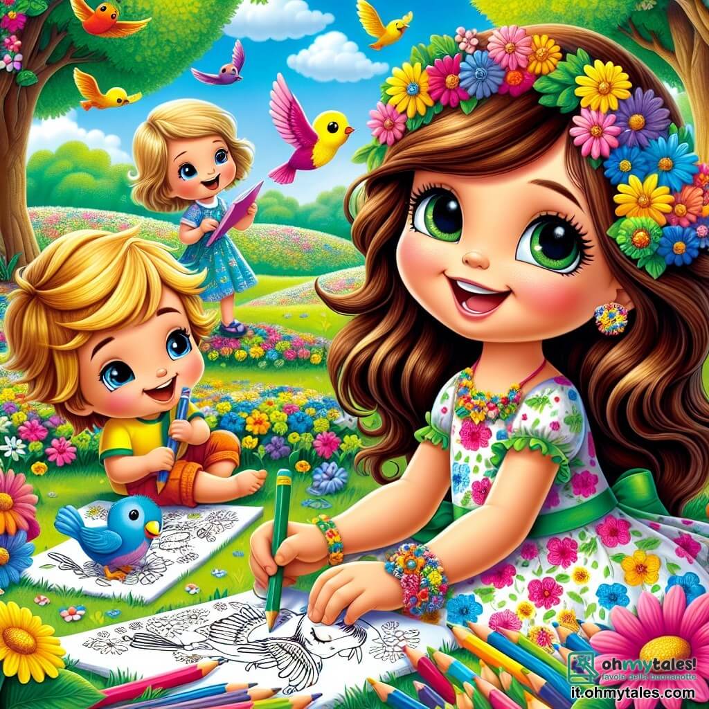 Una bambina di 4 anni, Sofia, con lunghi capelli castani e occhi scintillanti di gioia, indossa un vestito colorato a fiori e una collana di fiori di carta. È seduta sull'erba verde, con un grande sorriso che illumina il suo viso mentre disegna uccelli con pastelli colorati. Accanto a lei, il suo amico Marco, un bambino di 5 anni con capelli biondi e occhiali tondi, sta disegnando un uccello blu su un foglio, ridendo di felicità. Un po' più in là, Lucia, una bambina di 4 anni con capelli ricci e un vestito giallo, tiene una corona di fiori che ha fatto, guardando Sofia con entusiasmo. Il luogo è un parco primaverile, pieno di fiori colorati che danzano sotto la dolce brezza, alberi maestosi con foglie verdi brillanti e un cielo azzurro chiaro punteggiato di nuvole bianche e soffici. La scena principale mostra Sofia e i suoi amici mentre creano disegni di uccelli e fanno corone di fiori, celebrando la bellezza della primavera divertendosi insieme nella natura.