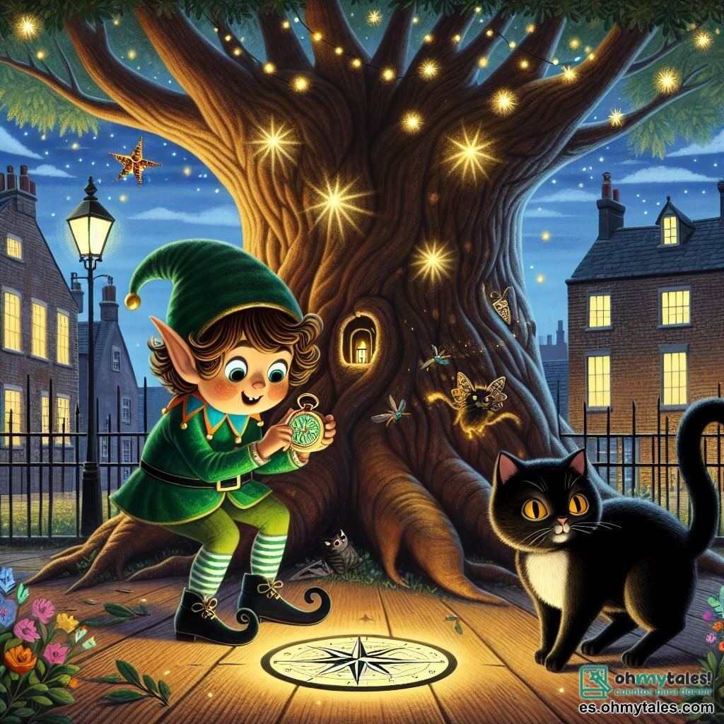 Ilustración que representa a un pequeño duende travieso, con orejas puntiagudas y ojos brillantes como estrellas, mostrando una expresión de curiosidad y emoción. Lleva un pantalón de terciopelo verde y una camisa a rayas coloridas, sosteniendo una pequeña brújula mágica en sus manos. A su lado, un gato negro con ojos dorados, de pelaje brillante y cola enroscada, observa con un aire travieso, listo para jugar. Se encuentra sobre una barrera de madera, ligeramente inclinado hacia adelante, como si estuviera a punto de saltar. El decorado se sitúa en un viejo parque urbano, donde un inmenso roble con hojas de un verde brillante se erige majestuosamente. Luciérnagas bailan a su alrededor, iluminando el crepúsculo, mientras que antiguos edificios de ladrillo se dibujan al fondo, creando un contraste entre la naturaleza y la ciudad. La situación principal muestra al duende y al gato explorando una puerta en miniatura escondida en las raíces del roble, emitiendo una luz cálida que atrae su atención. Elementos mágicos, como estrellas centelleantes y flores coloridas, flotan a su alrededor, añadiendo un toque de fantasía a la escena.