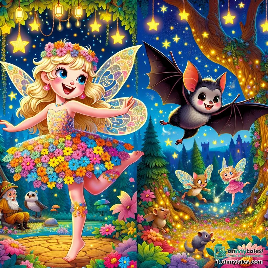 Una piccola fata di nome Luminella, con ali scintillanti e capelli dorati, danza gioiosamente nell'aria, il suo viso radioso di felicità ed eccitazione. Indossa un vestito fatto di petali di fiori colorati che brillano sotto la luce delle stelle. Accanto a lei, un piccolo pipistrello di nome Berto, con pelliccia nera e occhi vivaci, vola in cerchio attorno a Luminella, ridendo e facendo smorfie. La scena si svolge in una radura incantata, illuminata da migliaia di piccole luci scintillanti, circondata da alberi maestosi. Luminella e Berto stanno preparando una festa di risate e magia, mentre amici animali, come girini e un vecchio gufo, si radunano intorno a loro, impazienti di partecipare a questa gioiosa celebrazione.