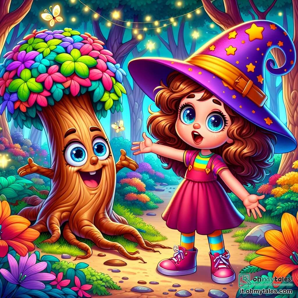 Una bambina di 6 anni, Mimì, con grandi occhi scintillanti e capelli ricci castani, indossa un cappello magico dai colori vivaci che cambia tonalità. Ha un'espressione sorpresa e divertita, con le braccia aperte, come se avesse appena scoperto un segreto incredibile. Accanto a lei, una radice parlante, con un viso sorridente e occhi rotondi, emerge dal terreno ridendo mentre le racconta una piccola barzelletta. Lo scenario è una foresta incantata, piena di alberi dai tronchi attorcigliati e foglie multicolori, con fiori giganti che sembrano danzare al ritmo del vento. Le lucciole brillano intorno, aggiungendo un tocco magico all'ambiente. Mimì è appena inciampata sulla radice parlante e si trova in una situazione buffa, pronta a vivere una nuova avventura piena di risate e sorprese.