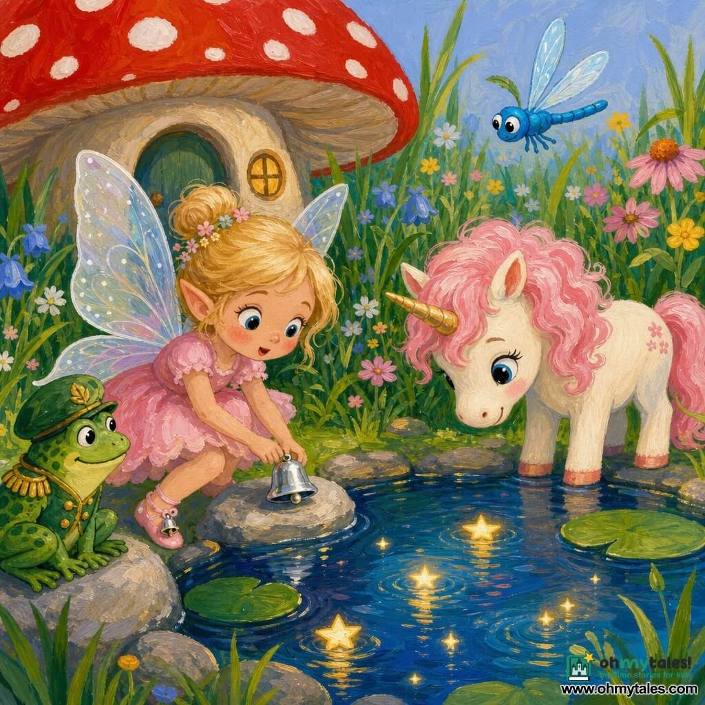 A small girl fairy with a silver bell on her shoe, round face and wide eyes, in a pastel pink dress with pearly translucent wings gently places the bell on a stone at the edge of Star Pond; beside her stands Poppy, a small cream-coated unicorn with a curly pink mane, muzzle near the water, while Captain Croak, a green spotted toad wearing a leaf hat, sits on a rock watching, and a bright blue dragonfly hovers in the background; Star Pond is round with midnight-blue water and gold reflections, broad green waterlilies, tall grasses and wildflowers around, and a large red-and-white spotted mushroom fairy house in the background; tiny ripples and starry lights rise on the surface, creating a soft, magical mood in warm pastel tones with visible acrylic texture.