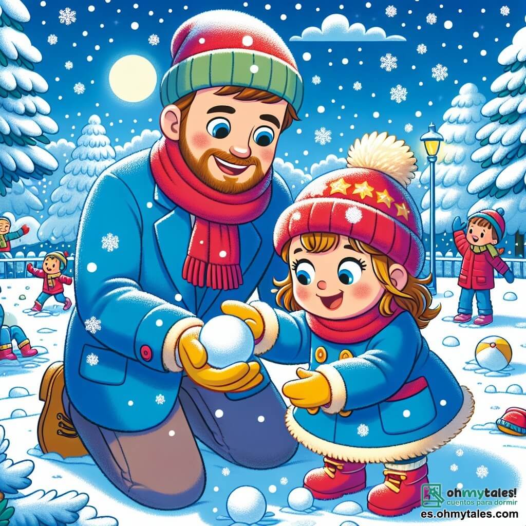 Una niña de 2 años, Luna, con grandes ojos brillantes y una sonrisa alegre, lleva un abrigo azul brillante, un gorro rojo y guantes amarillos. Está agachada en la nieve, tocando copos de nieve con sus pequeñas manos, su rostro expresa asombro. A su lado, su papá, un hombre de unos treinta años con barba castaña y una sonrisa cálida, le ofrece una bola de nieve que acaba de hacer. Él está de pie, un poco atrás, observando a su hija con orgullo. Al fondo, un parque invernal, con árboles cubiertos de nieve, niños jugando y riendo, y un cielo azul claro salpicado de nubes blancas. La escena muestra a Luna divirtiéndose en la nieve, rodeada de risas y alegría, creando recuerdos invernales inolvidables.