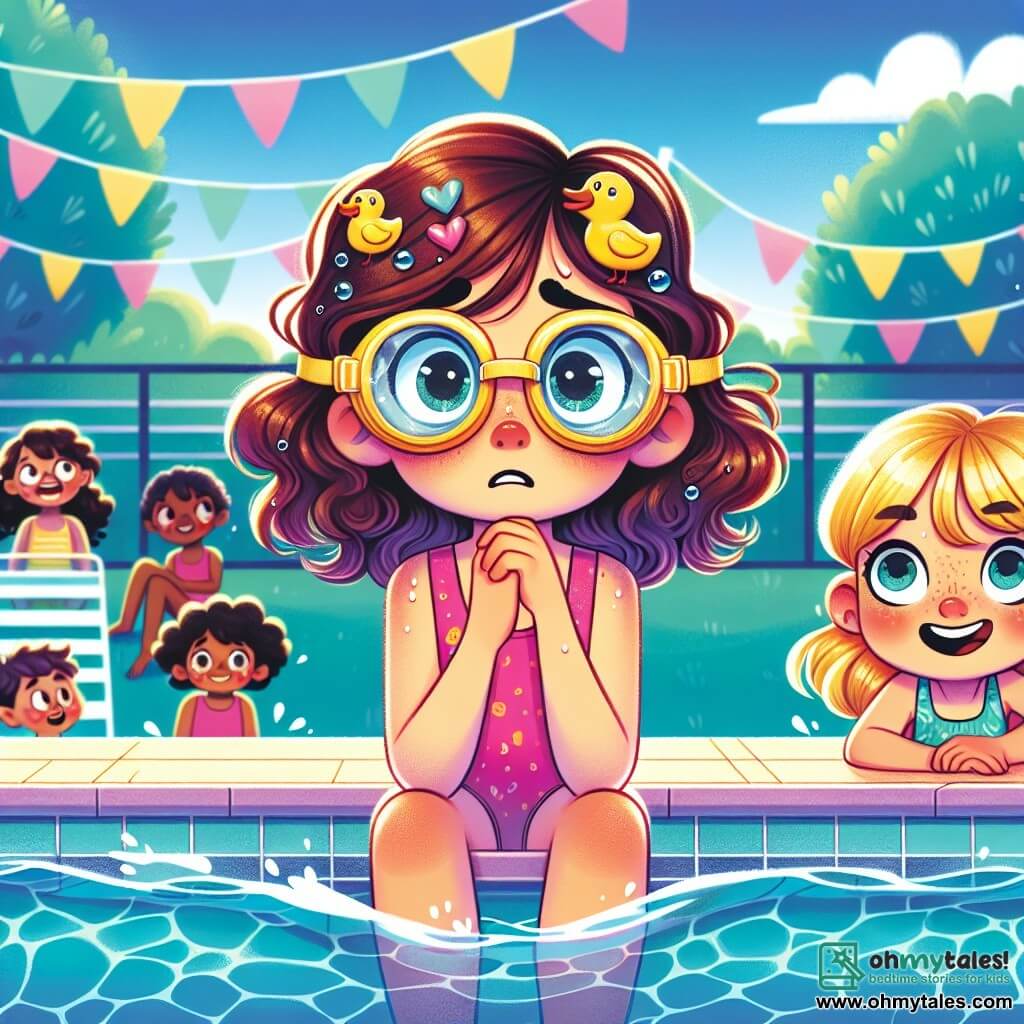 An 8-year-old girl, Mia, with curly brown hair, is wearing yellow swimming goggles decorated with ducks. She has a worried yet determined expression, with sparkling eyes full of excitement. She is sitting at the edge of a large pool, her feet in the water, ready to dive. Next to her is her best friend Harper, an 8-year-old girl with smooth blonde hair, joyfully smiling while holding Mia's hand to encourage her. Harper is wearing a bright pink swimsuit and blue swimming goggles. The setting is an outdoor community pool, surrounded by green palm trees and colorful lounge chairs. The sky is blue and sunny, and the water sparkles in the sunlight. The main scene shows Mia, hesitant but brave, preparing to take her first steps into the water, while joyful splashes and laughter from other children fill the air.
