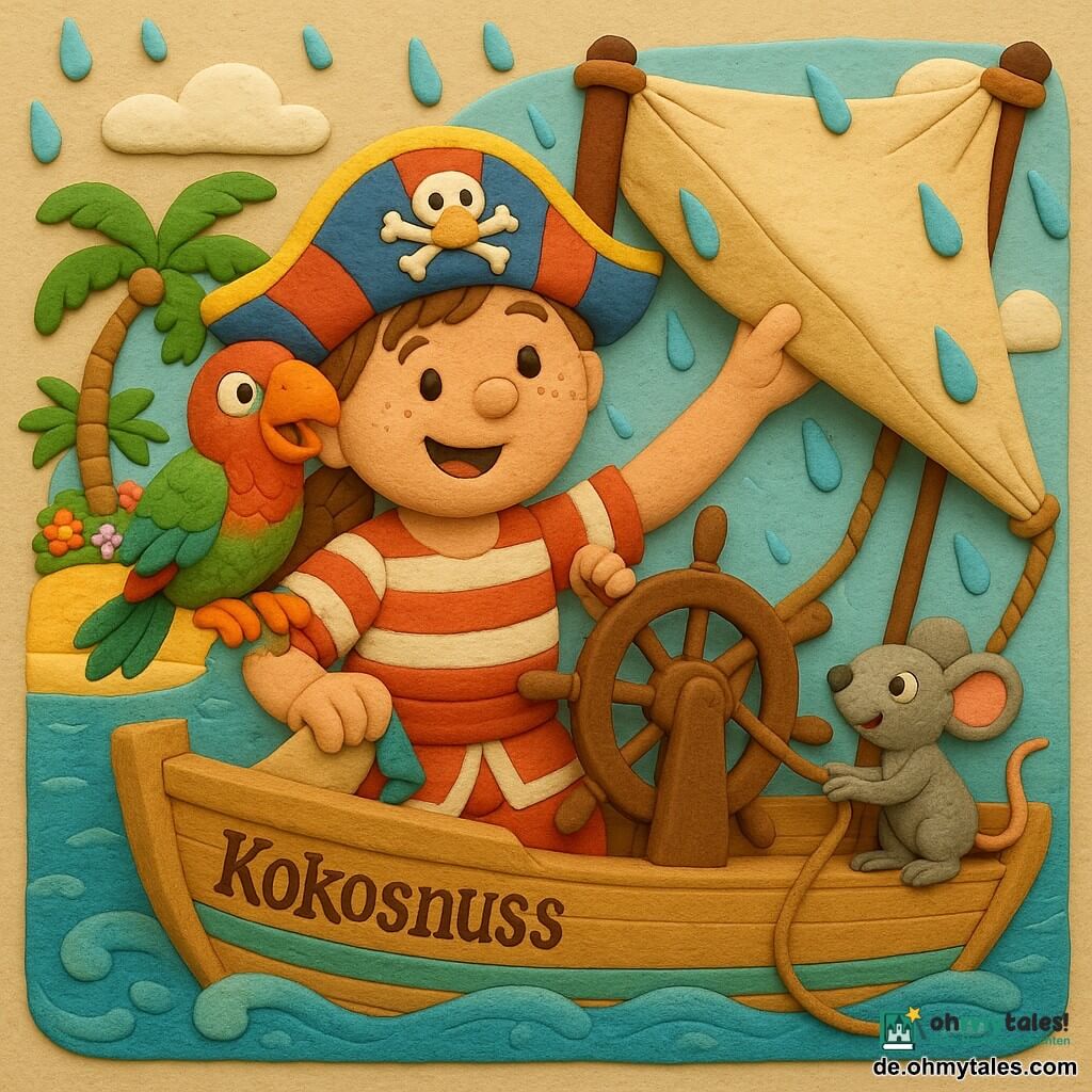 Mia, ein lächelndes, mutiges Piratenmädchen mit rundem Gesicht, Sommersprossen und braidem Zopf, bunter Hut, fröhlichem Blick und rot-weiß gestreifter Kleidung, hält mit einer Hand das Steuerrad und richtet mit der anderen ein großes Segel als Zelt; Pico, ein grüner-rot­er Papagei mit glänzendem Gefieder und orangem Schnabel, sitzt auf ihrer rechten Schulter, gesprächig und mit leicht geöffneten Flügeln; Lilo, eine kleine graue Mäusedame mit glänzenden schwarzen Augen, steht am Deck nahe den Seilen und zieht an einer Leine, um das Zelt zu spannen; das Boot heißt Kokosnuss, helle Holzplanken mit türkis- und gelbfarbenen Akzenten, sichtbare Taue und funkelnde blaue Wellen; im Hintergrund eine goldene Insel mit gebogenen Palmen, bunten Blumen und sandigem Ufer, klarer Himmel mit wenigen weißen Wolken; Hauptszene: die drei bauen bei leichtem, grobem Regen gemeinsam ein Segelzelt auf dem Deck, warme, kooperative Stimmung, Knetmasse‑Texturen, kräftige Farben, weiche Konturen und kindgerechte einfache Formen.
