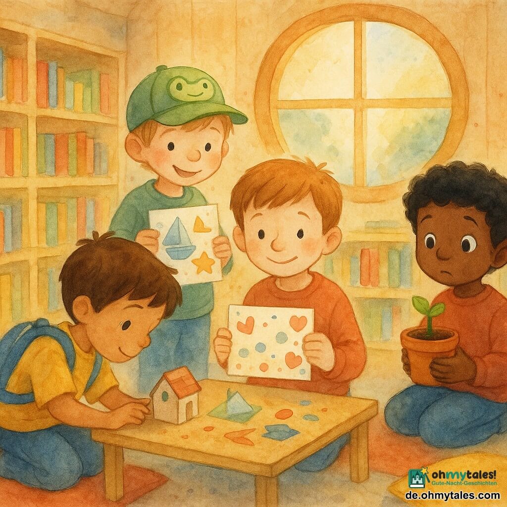 Vier Kinder, alle etwa 6 Jahre: Luca, hellbraune Kurzhaar, sanft lächelnd, hält eine bunte Karte mit Punkten und Herzen und steht vorn in der Mitte; Ben, braune Haare, mit blauem Rucksack und gelber Stern, hockt links von Luca und richtet ein kleines Papierhaus auf einem niedrigen Tisch; Sami, schwarze lockige Haare, schüchterne große Augen, hält einen Blumentopf mit einer jungen grünen Pflanze und beugt sich rechts von Luca zärtlich zur Pflanze; Jonas, blond, grüne Kappe mit Froschmotiv, steht hinter Luca und zeigt stolz ausgeschnittene Papierformen (Boot, Stern). Ort: warme Kinderbibliothek mit hellen Holzwänden, niedrigen Bücherregalen, roten und gelben Kissen, großer runder Fensteröffnung und rundem Wanduhr; Szene: die vier präsentieren auf einem Holztisch ihre Projekte vor der Bibliothekarin, freundliche, ermutigende Gesten und ein Gefühl von Vertrauen, dezente Aquarellspritzer betonen Freude und Wärme.