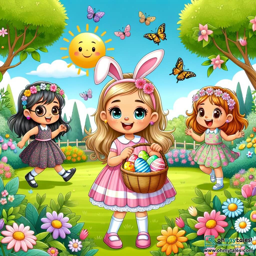 Daisy, a 7-year-old girl with blonde hair and sparkling eyes, is wearing a pretty pink dress and bunny ears. She stands in the center, smiling, holding a large basket filled with colorful eggs. To her right, Lily, a 6-year-old girl with brown hair and glasses, joyfully dances while holding a red egg. On the left, Rose, a 7-year-old girl with red hair and freckles, jumps excitedly with a purple egg in her basket. Finally, Violet, a 6-year-old girl with black hair and a small flower crown, bends down to pick up a yellow egg hidden behind a bush. The scene takes place in a sunny garden filled with colorful flowers, large green trees, and a well-kept lawn. Birds sing in the branches, and butterflies flutter around the children, adding a magical touch to the scene. The main situation shows the four friends in an Easter egg hunt, laughing and having fun, with colorful eggs hidden throughout the garden, creating a joyful and festive atmosphere.