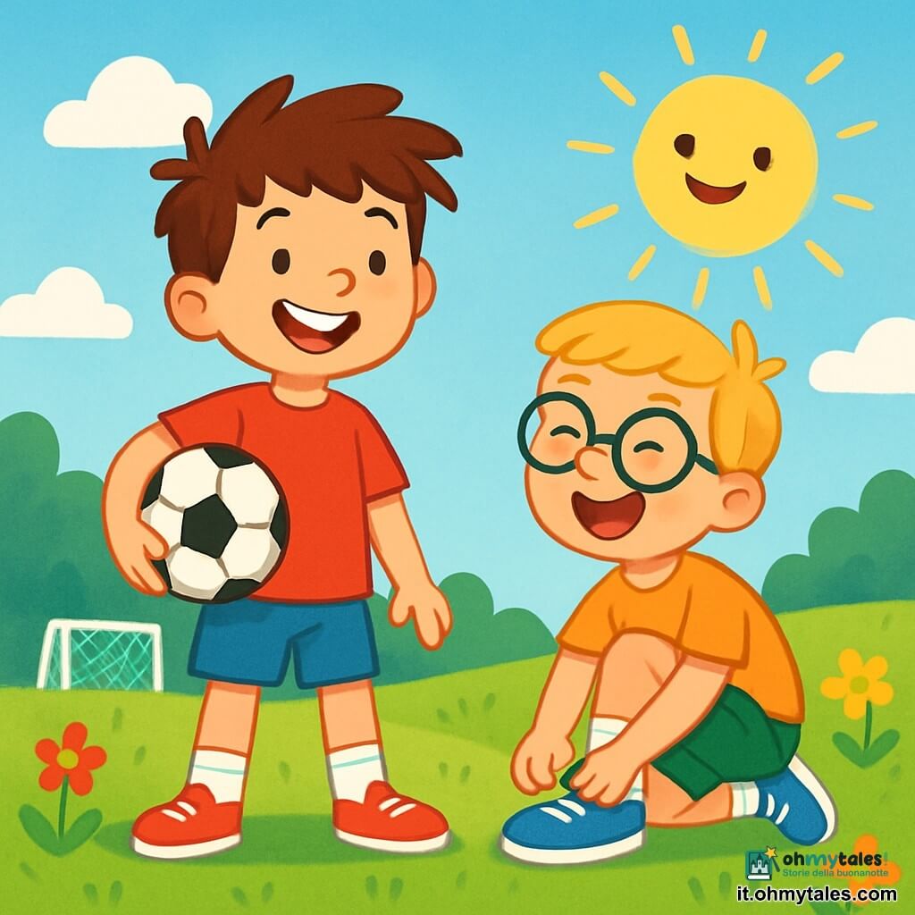 Un giovane ragazzo, Tommaso, di circa 10 anni, con capelli castani arruffati e un grande sorriso gioioso, indossa una maglietta rossa e pantaloni corti blu. Tieni un pallone da calcio sotto il braccio, pronto a giocare. Accanto a lui, il suo amico Luca, un ragazzo di 9 anni con occhiali e capelli biondi, ride mentre sistema le sue scarpe da ginnastica. Si trovano su un campo da calcio verde, circondato da fiori colorati e un cielo blu splendente. La scena principale mostra Tommaso e Luca pronti a iniziare una partita, pieni di eccitazione ed energia, con i raggi di sole che illuminano i loro volti.