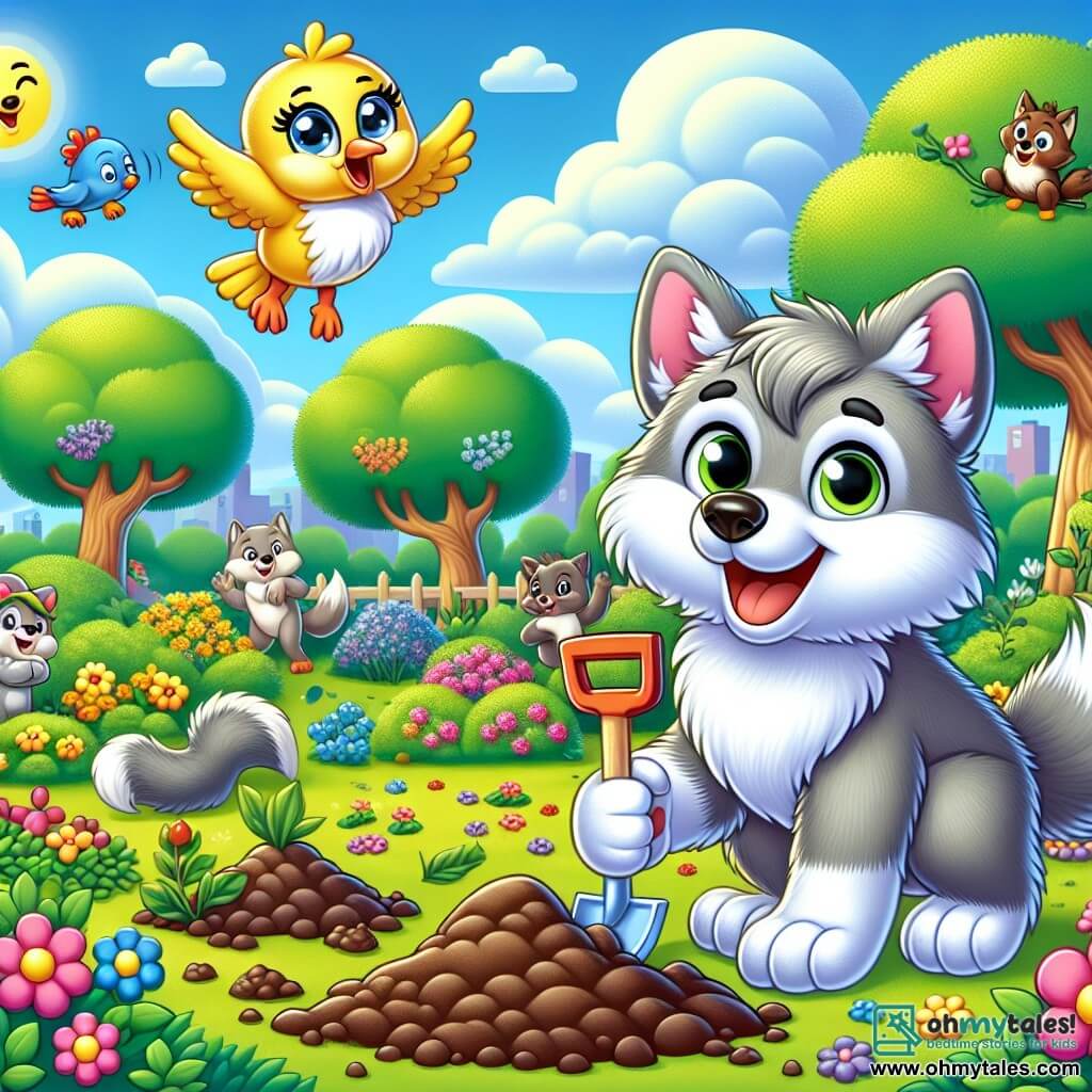 A little wolf named Wally, with soft gray fur and bright, curious eyes, stands joyfully in the center of the image, holding a small wooden shovel and smiling broadly. Next to him, a little bird named Bella, with bright yellow feathers and a playful demeanor, flies slightly above Wally, singing enthusiastically. The setting is a lush park filled with colorful blooming flowers, majestic trees with vibrant green leaves, and a clear blue sky dotted with fluffy white clouds. On the ground, small piles of freshly turned soil indicate that they have just planted seeds. The main scene shows Wally and Bella cleaning the park, picking up litter and planting flowers, surrounded by their animal friends who cheer them on with joyful expressions, creating an atmosphere of camaraderie and commitment to nature conservation.