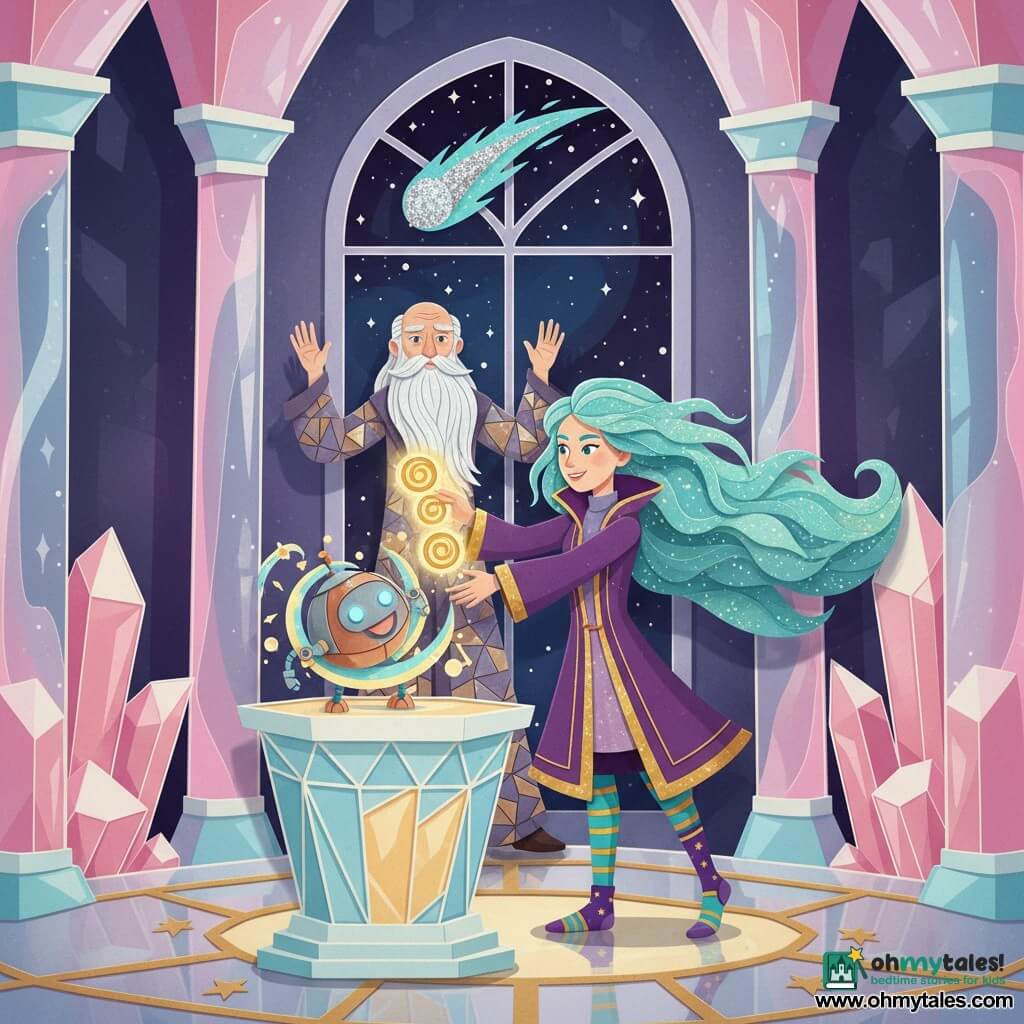 Zora, a young woman with a determined smile and turquoise mane, in a violet coat with gold trim and mismatched socks, holds three small glowing "Harmonizing Sparks" over a crystalline altar as they entwine into a luminous aura blending magic and machine; beside her buzzes Gizmo, a compact steel-and-copper robot with pale blue LED eyes and friendly sparks, while Elder Nym, an elderly man with a floating silver beard in a long, metal-textured robe, stands back with raised hands observing proudly and solemnly in a tall crystal-tower hall of faceted walls reflecting pink and blue neon, translucent columns and a shiny metal floor with gold star motifs, the Crystal Comet streaking silver and turquoise across the arched window as warm light from the Sparks clashes with cool reflections, creating an urgent yet hopeful atmosphere.