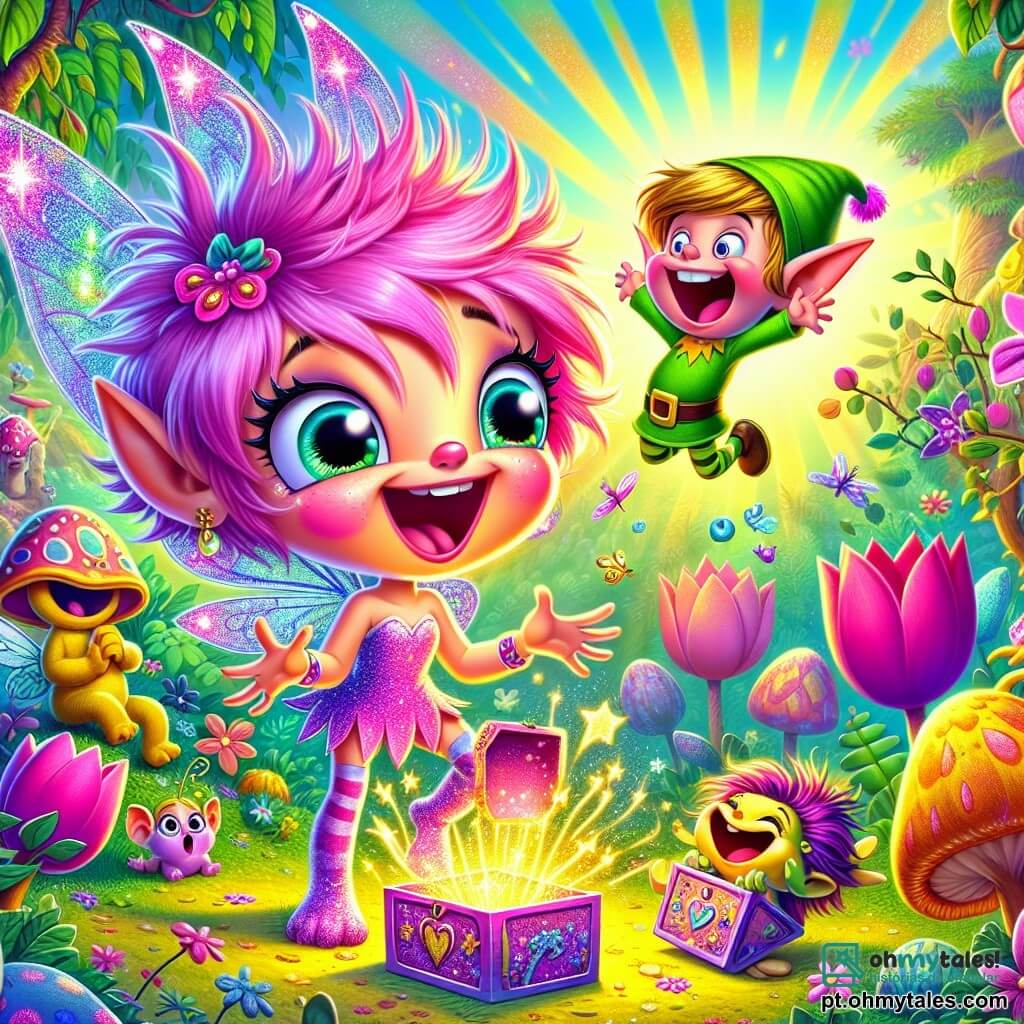 Uma fada encantadora chamada Tita Pipoca, com cabelos rosados desordenados e asas brilhantes como pétalas de tulipa, está no centro da cena. Ela tem um grande sorriso maravilhado e olhos cintilantes de alegria, segurando uma pequena caixa aberta de onde sai um sorriso dourado. Ao lado dela, Dodó, um pequeno duende com grandes orelhas e olhos redondos, vestido com uma túnica verde e com uma expressão preocupada, salta de alegria, com a boca aberta em uma explosão de risadas. O cenário é uma floresta encantada, repleta de flores gigantes coloridas, folhas cintilantes e raios de sol filtrando através dos galhos. Ao fundo, árvores com troncos tortuosos e arbustos com formas divertidas acrescentam um toque de magia. A situação principal mostra Tita Pipoca e Dodó celebrando o retorno do sorriso perdido, cercados por criaturas engraçadas como sapos dançantes e borboletas coloridas, todos rindo juntos em um ambiente alegre e festivo.