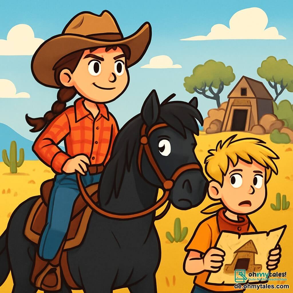 Ein junges Cowgirl, Emily, mit geflochtenen braunen Haaren und einem entschlossenen Lächeln, sitzt stolz auf ihrem schwarzen Pferd namens Blitz. Sie trägt einen Cowboyhut, ein rotes kariertes Hemd und eine Jeans, und ihr Blick ist voller Mut und Aufregung. Neben ihr schaut Ben, ein 12-jähriger Junge mit zerzausten blonden Haaren und einem roten Bandana um den Hals, besorgt in die Ferne, während er eine Karte der Mine hält. Die Kulisse ist eine goldene Wiese unter einem strahlend blauen Himmel, mit fernen Hügeln und verstreuten Kakteen. Im Hintergrund zeichnet sich die Silhouette einer alten verlassenen Mine ab, umgeben von Felsen und verdrehten Bäumen. Die Hauptsituation zeigt Emily und Ben, die sich auf das Abenteuer vorbereiten, entschlossen, den Banditen entgegenzutreten, die ihre Stadt bedrohen, mit einer spürbaren Atmosphäre von Spannung und Aufregung in der Luft.