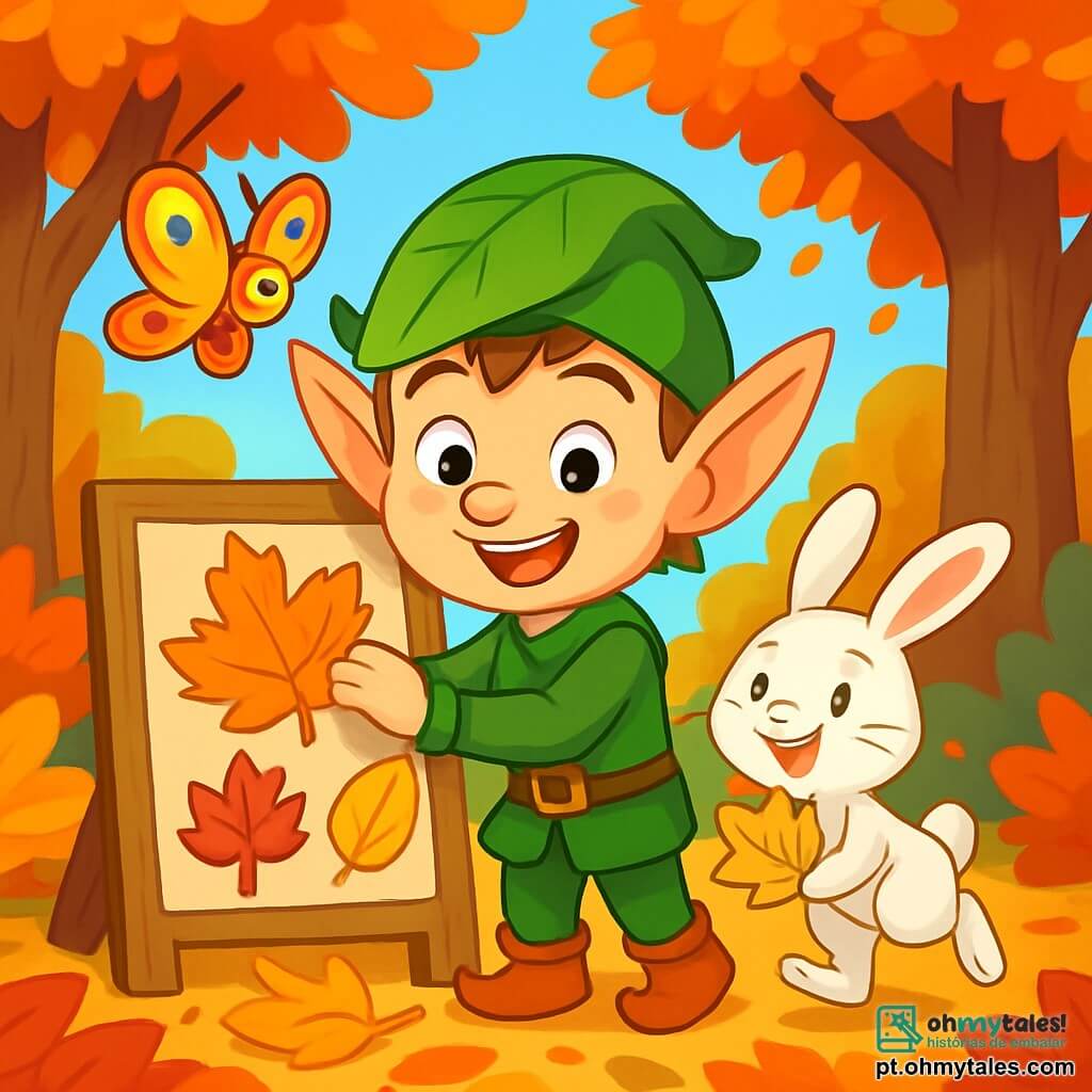 Um pequeno duende chamado Tito, com grandes orelhas pontudas e um sorriso radiante, está no centro do palco, cercado por folhas de outono coloridas: vermelho, laranja e amarelo. Ele usa um chapéu verde em forma de folha e uma túnica de veludo, colando folhas em um grande painel de madeira, mostrando uma expressão de alegria e empolgação. À sua direita, um coelhinho travesso chamado Pipoca, com pelagem branca e olhos brilhantes, salta alegremente, segurando uma folha dourada nas patas dianteiras. À esquerda, uma delicada borboleta chamada Brisa, com asas multicoloridas cintilantes, voa graciosamente acima do painel, admirando o trabalho de seus amigos. A cena acontece em uma floresta encantada, com árvores majestosas ao redor e um chão coberto de folhas secas, criando uma atmosfera acolhedora e outonal. Tito e seus amigos estão criando um magnífico mural com folhas de outono, celebrando a beleza da estação com entusiasmo e criatividade.