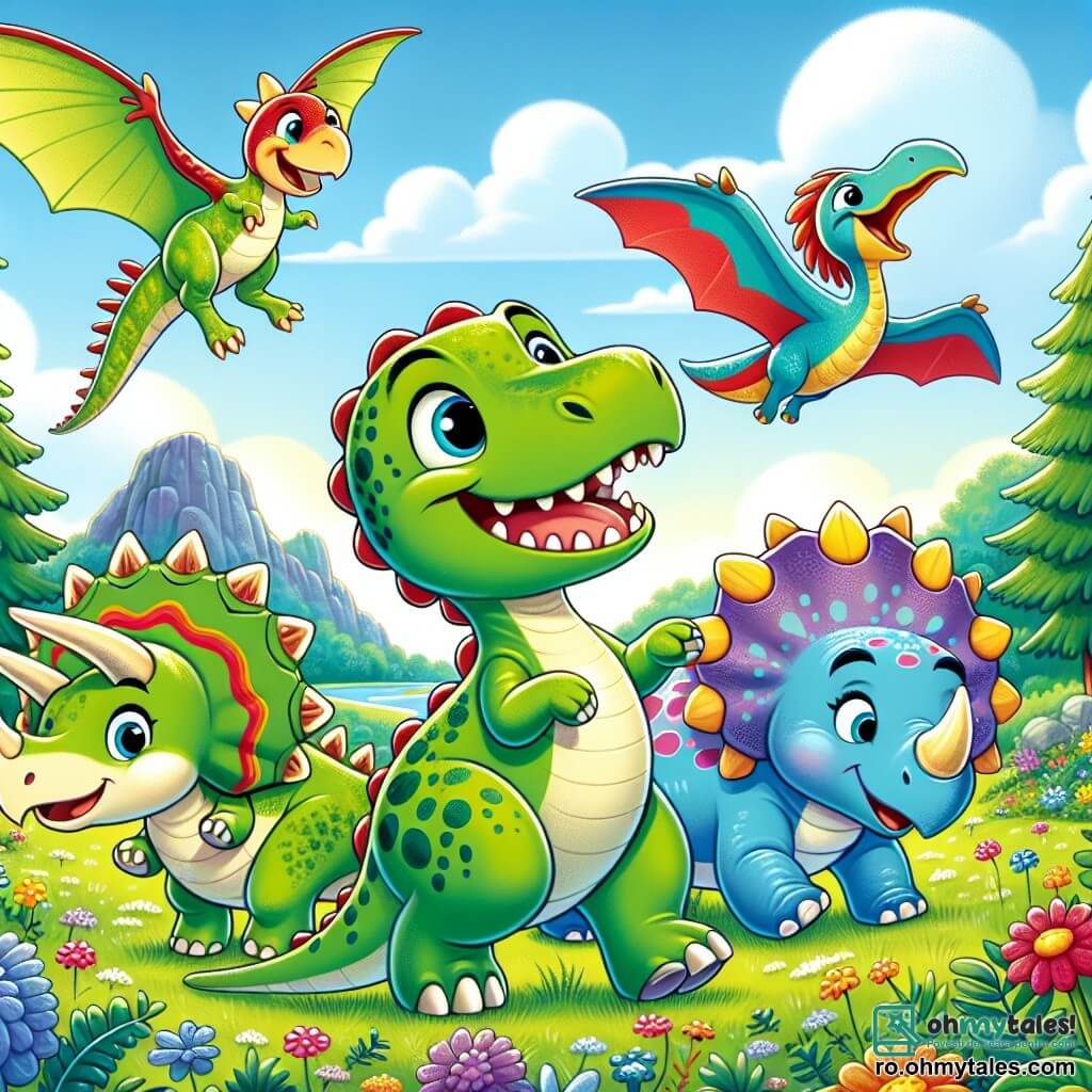 Un tânăr Tyrannosaurus Rex numit Tino, cu o piele verde strălucitoare și ochi rotunzi și strălucitori, exprimă o mare bucurie alergând printr-o pajiște verde, cu brațele mici fluturând vesel pe lângă el. Lângă el, un Triceratops prietenos numit Tricky, cu trei coarne și o piele de culoare albastru deschis, stă aproape, zâmbind și pregătit să se joace. Un Stegosaurus numit Stella, cu plăci colorate pe spate și o expresie jucăușă, li se alătură, în timp ce un Pterodactyl numit Patty, cu aripile desfăcute și un penaj roșu aprins, zboară vesel deasupra lor. Decorul este o vastă pajiște presărată cu flori colorate și copaci mari, sub un cer albastru deschis cu câteva nori pufoși. Cei patru prieteni se joacă împreună, alergând și râzând, creând o atmosferă de fericire și aventură în această lume preistorică.