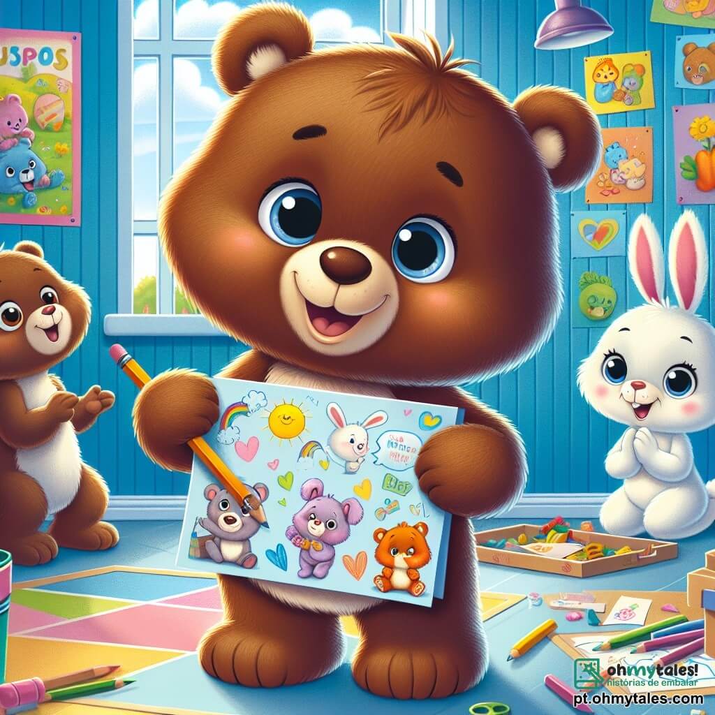 Um pequeno urso marrom chamado Bruno, com pelagem macia e olhos redondos e curiosos, está no centro da cena, exibindo um sorriso alegre enquanto segura um grande cartão colorido cheio de desenhos. Ele está cercado por seus amigos, a coelhinha Lili, com suas grandes orelhas e pelagem branca, que ri segurando um lápis, e o pequeno esquilo Tiago, com sua pelagem ruiva e cauda espessa, que aplaude com entusiasmo. O cenário se passa em uma sala de jogos iluminada de um hospital para animais, com paredes pintadas de azul céu, brinquedos espalhados pelo chão e janelas que deixam entrar a luz do sol. Ao fundo, podem ser vistas cartazes coloridos de frutas e vegetais, acrescentando um toque alegre ao ambiente. A situação principal mostra Bruno e seus amigos preparando cartões de agradecimento para seus médicos, cheios de desenhos e palavras doces, celebrando sua amizade e a gratidão que sentem pelos cuidados recebidos.