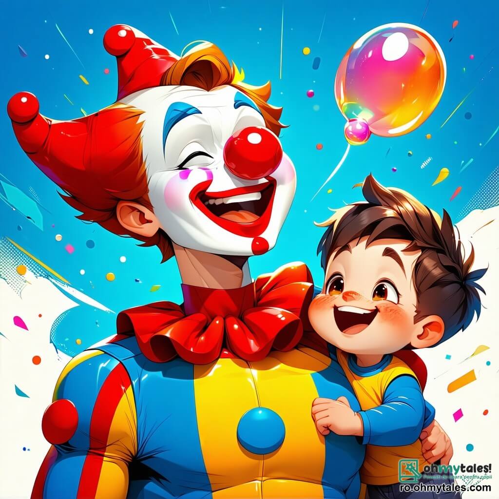 Un super-erou pe nume Mihăiță, îmbrăcat într-un costum colorat de clown cu dungi multicolore și un nas roșu mare, zâmbește fericit în timp ce ține o imensă bulă de gumă care plutește deasupra lui. Alături de el, prietenul său Bobiță, un băiat de 10 ani cu părul zbârlit și un tricou albastru, face bule de săpun gigantice care strălucesc în soare, creând o atmosferă magică. Un alt prieten, Goguț, un băiat de 9 ani cu ochelari rotunzi și o pălărie de paie, face ca florile colorate din jurul lor să cânte, adăugând o notă muzicală scenei. Cei trei se află într-un parc verde, plin de copaci cu frunze strălucitoare și flori colorate, sub un cer albastru deschis cu nori albi pufosi. Situația principală îi arată pe Mihăiță, Bobiță și Goguț distrând un grup de copii care râd cu poftă, creând o atmosferă veselă și ludică, unde magia prieteniei și a umorului strălucește.