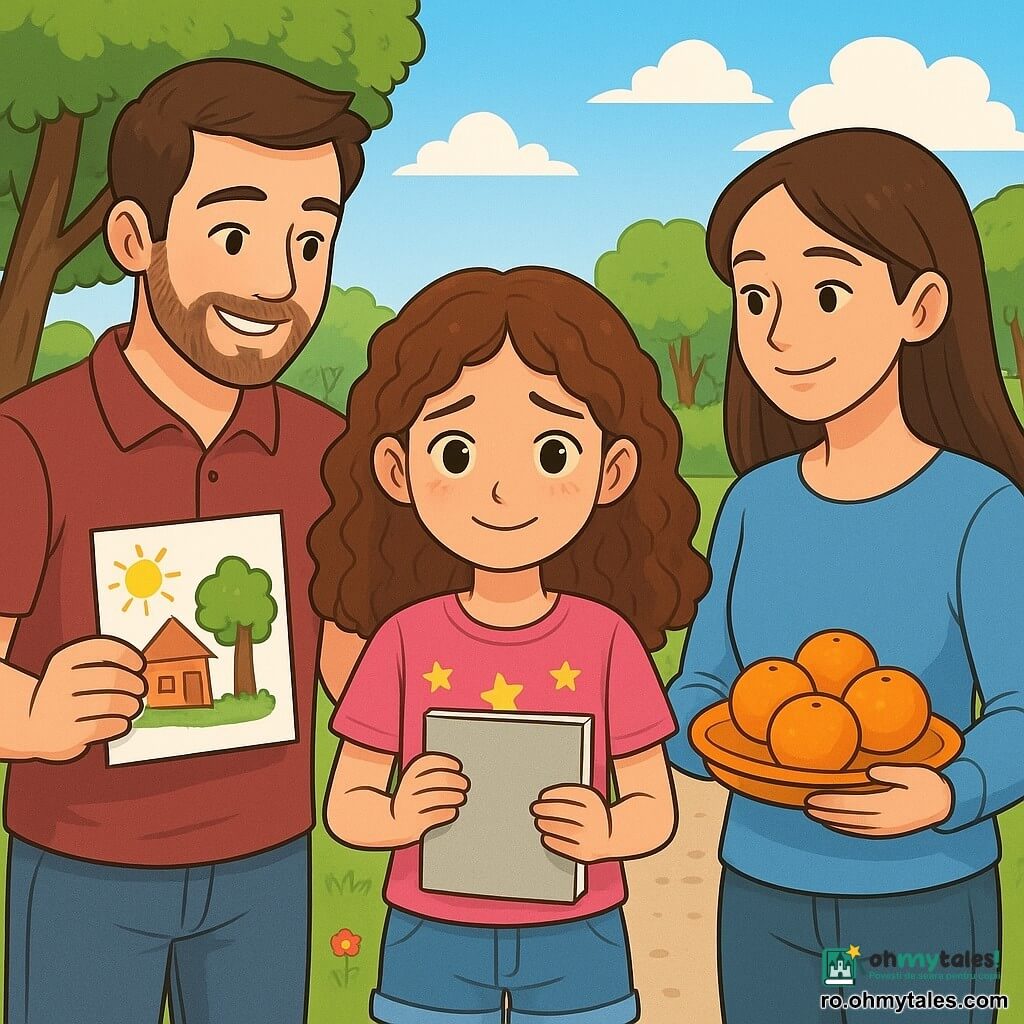 O fată de 10 ani, Mara, cu părul castaniu creț și ochi strălucitori, stă în centrul imaginii, cu un zâmbet timid pe față, dar cu o sclipire de incertitudine în privire. Poartă un tricou roz cu stele și o pereche de pantaloni scurți din denim, ținând în mâini un caiet de desen. În dreapta ei, tatăl, un bărbat de aproximativ 35 de ani, cu părul brunet și o barbă ușoară, zâmbește călduros în timp ce îi arată un desen pe care l-a făcut pentru ea. În stânga ei, mama, o femeie de aproximativ 33 de ani, cu părul lung și drept, îmbrăcată într-o bluză albastră, își privește afectuos fiica, ținând o farfurie cu clementine colorate. Decorul este un parc însorit, cu copaci verzi și flori colorate care mărginesc o alee de pietriș. În fundal, un cer albastru deschis cu câteva nori albi pufoși adaugă o notă de blândețe scenei. Situația principală o arată pe Mara înconjurată de părinții ei, toți zâmbind, împărtășind un moment de complicitate și fericire, ilustrând dragostea și sprijinul familial în ciuda schimbărilor din viața lor.