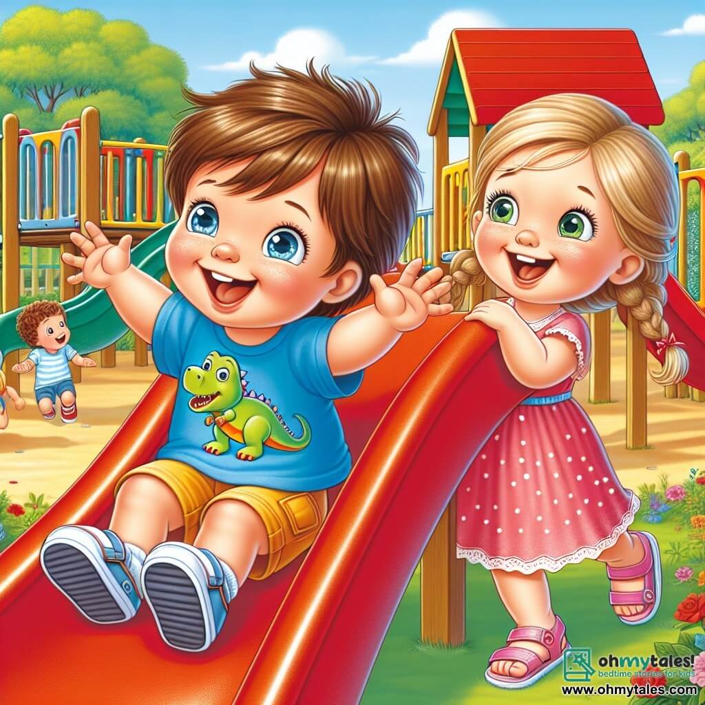 A 2-year-old boy with messy brown hair and sparkling eyes is sliding down a bright red slide, a big smile on his face. He wears a blue t-shirt with a dinosaur print and yellow shorts. Next to him, a 3-year-old girl with braided blonde hair and green eyes encourages him by raising her arms, ready to slide too. She wears a pink dress with white polka dots and sandals. The setting is a colorful playground filled with wooden structures and plastic games, surrounded by lush trees and colorful flowers. The sky is blue and sunny, creating a cheerful and lively atmosphere. The main scene shows the boy and girl laughing together, sharing a moment of friendship and happiness as they enjoy the slide, surrounded by other children playing in the park.