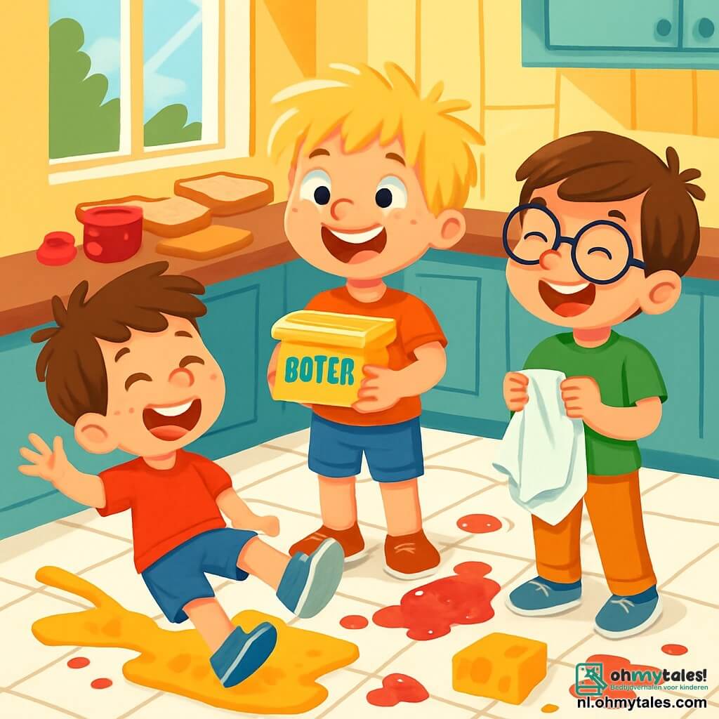 Er zijn 3 personages: - Finn: een 5-jarig jongetje met rommelig blond haar en grote sprankelende ogen. Hij staat in het midden met een pot boter in zijn handen en een grote glimlach op zijn gezicht. - Max: een 7-jarig jongetje met bruin haar en sproeten op zijn neus. Hij staat links van Finn en glijdt op een plak kaas over de vloer, terwijl hij luid lacht. - Sam: een 6-jarig jongetje met kastanjebruin haar en ronde bril. Hij staat rechts van Finn en houdt een doek vast, klaar om de vloer af te vegen, terwijl hij om de situatie lacht. De situatie speelt zich af in een zonnige keuken met heldergele muren en een witte tegelvloer. Op de tafel liggen plakken brood, potten jam en boter verspreid, terwijl er stukken kaas en jam op de vloer liggen, wat een kleurrijke rommel creëert. De hoofdscène toont de drie broers die plezier hebben in een rommelige keuken, lachend en glijdend over de gladde vloer, met spetters jam en kaas om hen heen, wat een moment van vreugde en saamhorigheid tussen broers illustreert.