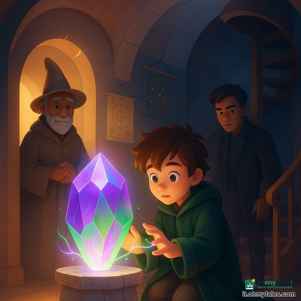 Luca, ragazzo apprendista stregone dal volto rotondo e occhi curiosi, capelli castani spettinati, con un mantello verde scuro troppo grande, è inginocchiato accanto a un grande cristallo sfaccettato che brilla di viola e verde, mani tese verso sottili radici di luce che lo avvolgono; Argo, uomo di circa 70 anni con corta barba bianca, cappello appuntito consumato e veste bruno-grigia, sta nello stipite sinistro della porta con sguardo benevolo e mani giunte; Matteo, adolescente di circa 16 anni con capelli scuri pettinati e mantello scuro pulito, è in ombra a destra vicino alle scale, postura tesa e sguardo conflittuale verso Luca. Il cristallo, grande quanto una testa, poggia su un piedistallo di marmo crepato; l'osservatorio ha una cupola parzialmente fessurata con una frattura luminosa, carte stellari appese, strumenti in ottone lucido e una scala a chiocciola di legno usurato con polvere nei raggi di luce. La scena cattura il momento intimo in cui Luca ascolta e promette al cristallo, atmosfera calda nonostante la falla, contrasti di luci violette fredde e bagliori dorati, composizione centrata sul trio e sul piedistallo, resa morbida, colori saturi ma armoniosi, texture nitide e dettagli infantili.