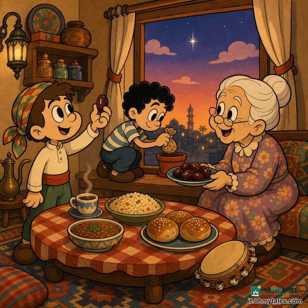 Ci sono tre personaggi: la nonna (donna ~70 anni) coi capelli bianchi raccolti in chignon, rughe dolci, vestito floreale, seduta vicino alla finestra a destra con un sorriso caldo mentre porge un piccolo piatto di datteri ai bambini; Sami (bimbo 8 anni) capelli castani corti, sciarpa colorata sulla testa come copricapo, camicia chiara, in piedi a sinistra del tavolo con un dattero in mano che guarda la prima stella; Yusuf (bimbo 8 anni) capelli neri ricci, maglietta a righe, accovacciato davanti al tavolo centro-sinistra che posa delicatamente un sacchetto di semi in un vasetto sul davanzale. Interno di un salotto caldo visto in prospettiva a tre quarti: tavolino basso di legno al centro con tovaglietta a quadretti, piatti di riso, lenticchie, pane dolce e un piatto di datteri lucidi, tappeto a motivi geometrici, barattoli di spezie su una mensola, grande finestra sullo sfondo con cielo al tramonto arancio-rosa e la prima stella, luce morbida e contrasti caldi. Situazione: aspettano insieme il tramonto condividendo un dattero, atmosfera calma e affettuosa, sguardi complici; composizione centrata su tavolo e finestra, espressioni gioiose e colori caldi con tocchi di blu crepuscolare. Stile grafico: silhouette morbide e pose esagerate in stile "rubber hose", tratti arrotondati, texture semplici, ombreggiature piatte e contrastate, dettagli leggibili (tazza fumante, tamburello sul tavolo, vasetto di semi).