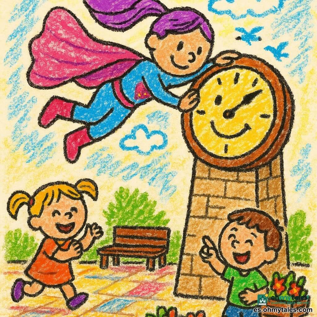 Una superheroína llamada Lila, radiante y alegre, con capa rosa brillante y coleta violeta, vuela inclinada y empuja suavemente un gran reloj para enderezarlo. Una niña de 5 años, rubia con coletas, sonríe, aplaude y corre desde la izquierda. Un niño de 6 años, moreno de pelo corto, ríe y señala la torre desde la derecha, junto a una jardinera. Un gran reloj de torre algo torcido, con cara sonriente en la esfera, está en lo alto de una torre de piedra beige. La plaza empedrada tiene bancos de madera, flores rojas y amarillas y pajaritos azules. Escena luminosa de colores vivos, trazos simples y contornos gruesos, ambiente suave y seguro; Lila coloca la esfera mientras los niños la animan.