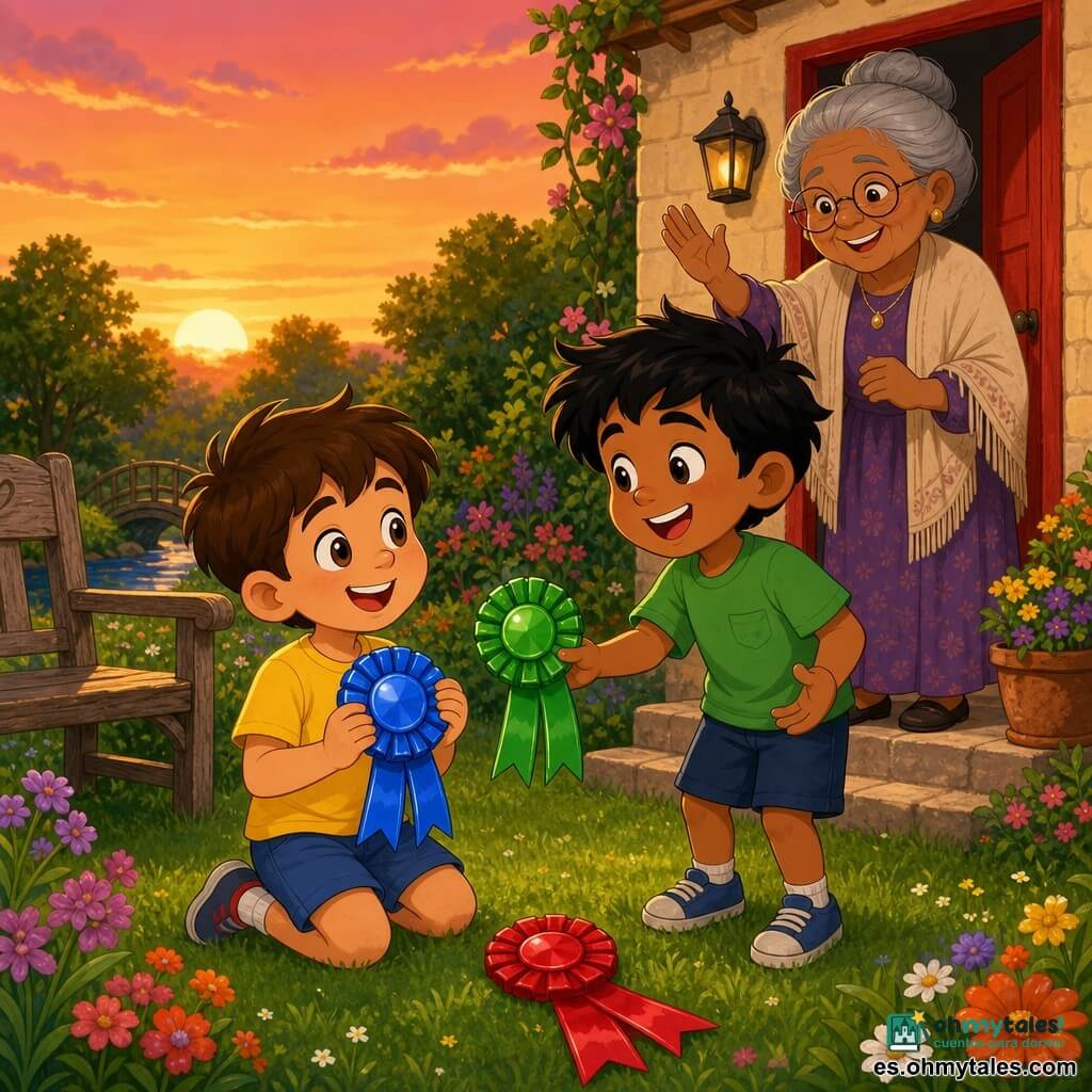 Un niño de 6 años (Lucas), alegre y orgulloso, pelo castaño corto, ojos avellana, camiseta amarilla y pantalón corto azul, arrodillado sobre la hierba sosteniendo una cinta azul brillante; otro niño de unos 6 años (Miguel), sonriente y entusiasta, pelo negro despeinado, camiseta verde, de pie junto a Lucas extendiendo hacia él una cinta verde esmeralda; una mujer mayor (la abuela), cabello canoso recogido en un moño, rostro dulce con gafas redondas, de pie en el umbral de su pequeña casa de piedra sonriendo y levantando la mano como bendiciendo el hallazgo; jardín con césped verde y flores, un banco de madera a la izquierda, un pequeño puente al fondo y una casa de piedra beige con puerta roja, cielo al atardecer en tonos naranja y rosa; situación principal: los dos pequeños aventureros muestran con orgullo tres cintas de colores (azul, verde, rojo) sobre la hierba frente a la abuela, luz suave vespertina, ambiente cálido y mágico.