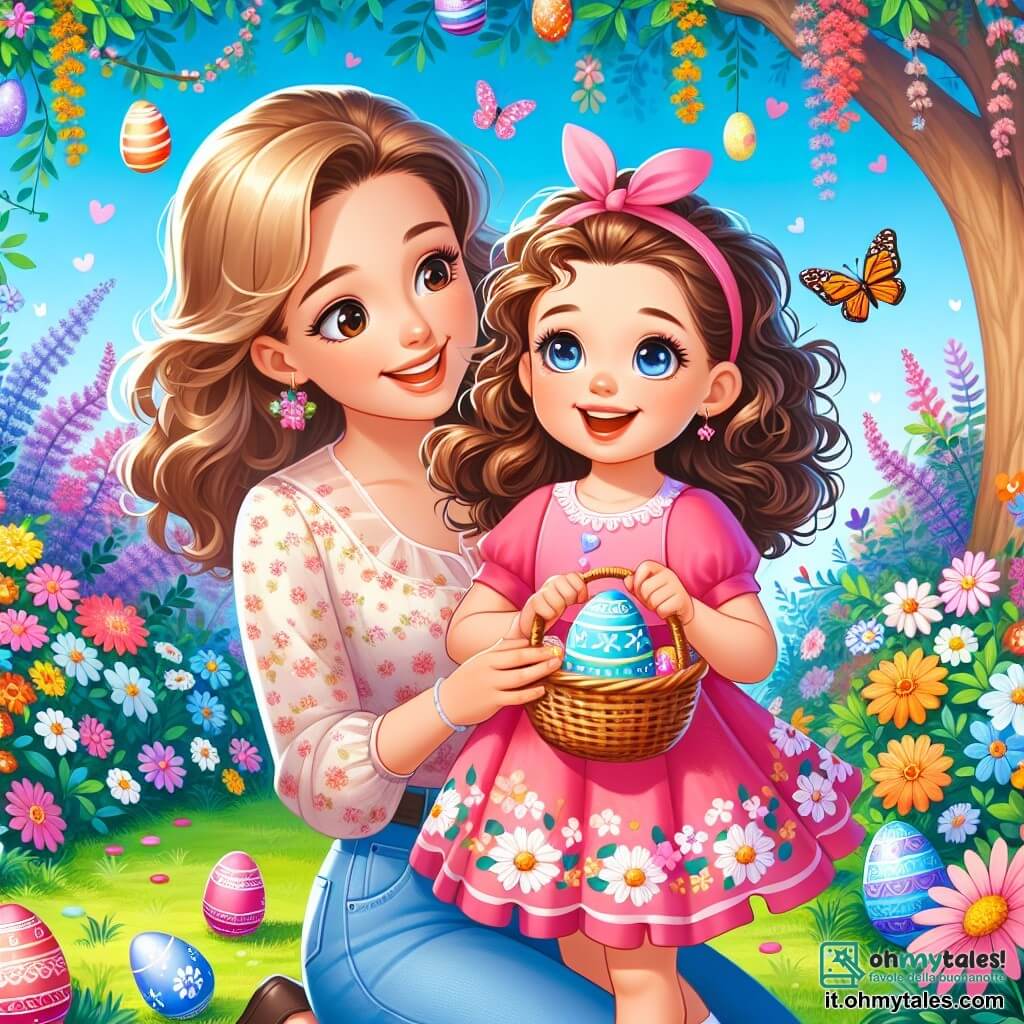 Una bambina di 4 anni, di nome Sofia, con capelli ricci castani e grandi occhi pieni di gioia, sta cercando uova di Pasqua in un giardino colorato. Indossa un bel vestito rosa con fiori e tiene un piccolo cestino di vimini in mano, con il viso illuminato da un grande sorriso. Accanto a lei c'è sua mamma, una donna di circa trent'anni con capelli lunghi e biondi raccolti in un chignon, che la incoraggia con uno sguardo benevolo. Indossa una blusa leggera e jeans, e tiene un addobbo pasquale nell'altra mano. Il giardino è pieno di fiori vivaci, farfalle svolazzanti e alberi con rami carichi di decorazioni colorate. Uova di Pasqua dipinte di tutti i colori sono nascoste tra l'erba verde e i fiori. Sofia, entusiasta, si inginocchia per raccogliere un uovo blu brillante che ha appena scoperto, mentre sua mamma la osserva con orgoglio, creando una scena gioiosa e festosa della caccia alle uova di Pasqua.