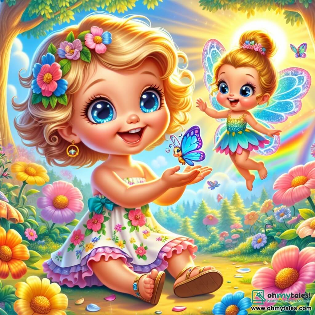 A 4-year-old girl with big bright eyes and curly golden hair smiles in wonder while holding a pretty blue butterfly in her hand. She wears a colorful floral dress and sandals. Next to her, a little pixie named Sparkle, with shimmering wings and a dress made of flower petals, joyfully flies around the girl, her eyes sparkling with magic. The setting is an enchanted forest filled with majestic trees, vibrant flowers, and golden light filtering through the leaves. In the background, a bright rainbow rises in the blue sky, adding a touch of magic to the scene. The main focus shows Lily and Sparkle celebrating the discovery of all the colors of the world, surrounded by floating colorful petals, as they laugh and dance together under the radiant sun.