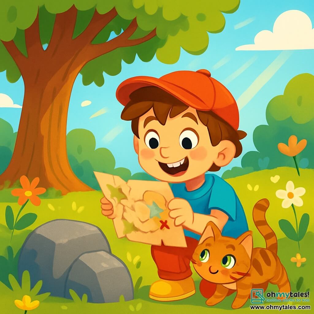 A 6-year-old boy named Max, with messy brown hair and a big amazed smile, is wearing a red hat and shiny yellow shoes. He is crouched near a large oak tree, holding an old paper treasure map, his eyes sparkling with excitement. Next to him, Daisy, a small tabby cat with green eyes, rubs against his leg, curious and joyful. The scene is set in a sunny garden filled with colorful flowers, with a majestic oak tree whose leaves dance gently in the wind. Sun rays filter through the branches, illuminating the green ground. The main situation shows Max discovering a mysterious treasure chest-shaped rock, with a treasure map revealing an adventure path. Max is ready to explore, his face glowing with joy and anticipation.