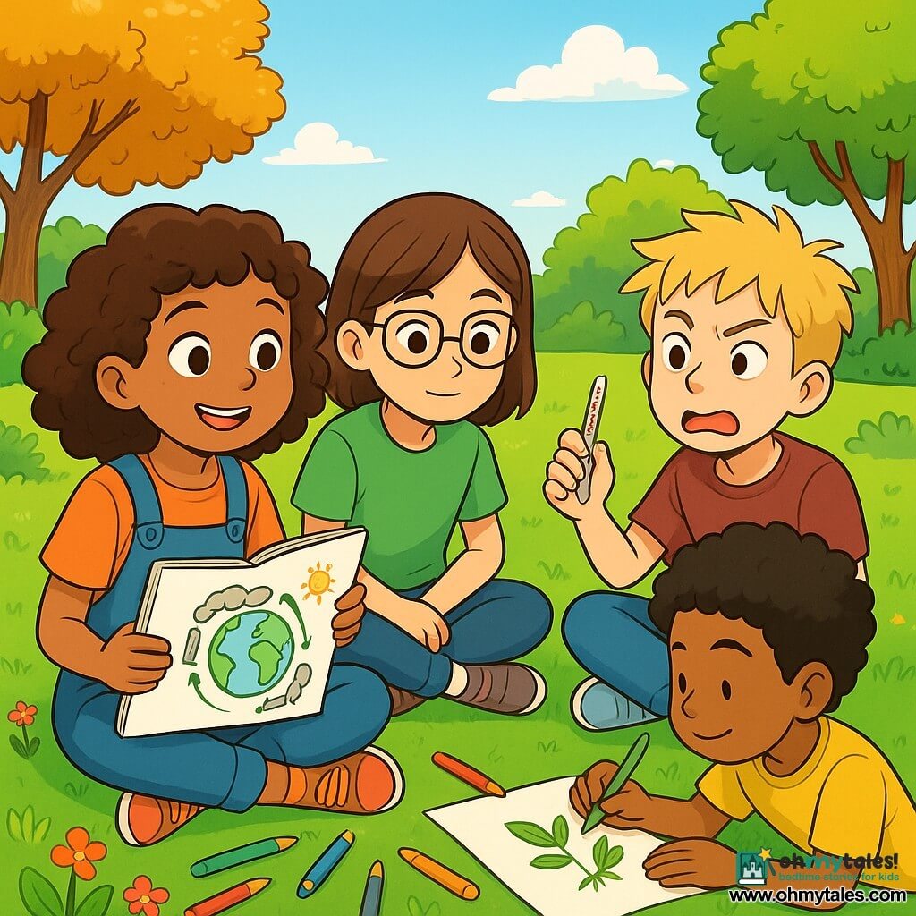 A 10-year-old girl, Mia, with curly brown hair, a curious smile, and sparkling eyes, is sitting on the green grass holding a sketchbook. She looks determined and enthusiastic, surrounded by scattered colored pencils. Next to her, Hana, another 10-year-old girl with glasses and straight hair, is attentively looking at Mia's sketchbook, appearing interested. Further away, Luca, a 10-year-old boy with messy blonde hair, is making faces while holding a thermometer, while Amir, a 10-year-old boy with curly black hair, is drawing plants on a piece of paper. The scene takes place in a sunny field with lush plants and colorful flowers, bordered by majestic trees whose leaves are starting to turn yellow. In the background, a light blue sky stretches out, dotted with a few fluffy white clouds. The main situation shows Mia and her friends brainstorming ideas to help their city address climate change, with expressions of concentration and creativity on their faces as they share thoughts and draw solutions on the ground.
