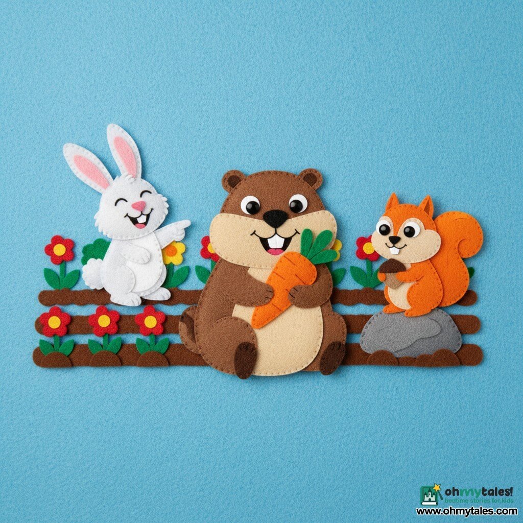 The cheerful, small marmot with soft brown fur and cream patches sits center biting a large orange carrot, round shiny eyes and visible teeth; friend Benny the fluffy white rabbit with a twitching pink nose laughs and points slightly left behind her, and Lucy the small red squirrel with mischievous eyes holds a nut on a rock to the right looking at the marmot; the colorful felt garden backdrop has rows of green felt vegetables, brown felt soil, red and yellow flowers and a pale blue sky, creating a playful warm scene with bright, simple shapes for toddlers.
