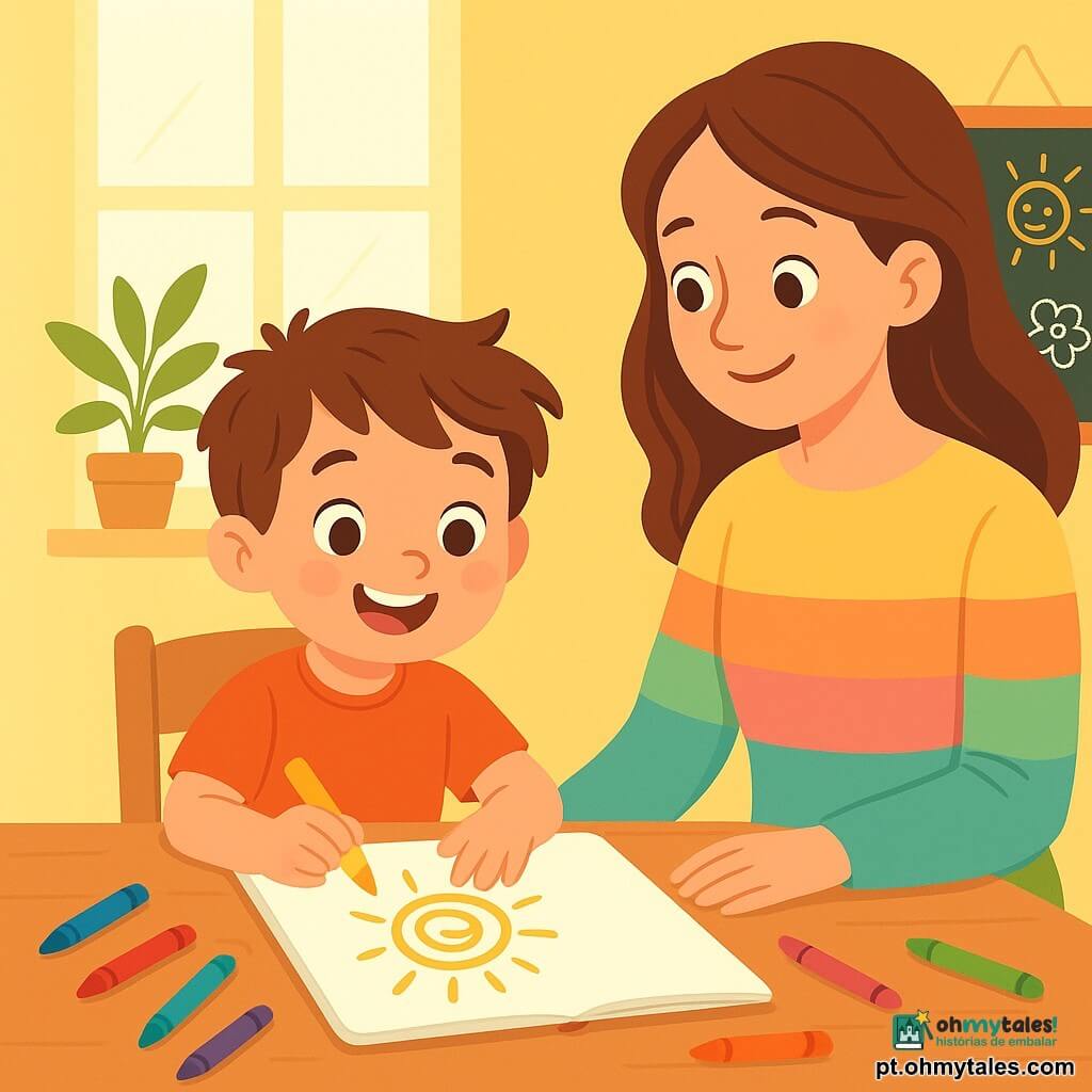 Um menino de 4 anos, com cabelos castanhos bagunçados e olhos brilhantes de curiosidade, está sentado a uma mesa de madeira, com um grande sorriso no rosto, segurando um caderno branco aberto à sua frente. Ele está concentrado e entusiasmado, cercado por lápis de cor espalhados ao seu redor. Sua pequena mão está desenhando um sol amarelo brilhante na primeira página do caderno. Ao lado dele, sua mãe, uma mulher de cerca de 30 anos, com cabelos longos e castanhos, veste um suéter macio e colorido. Ela se inclina levemente em direção a ele, com um olhar gentil e um sorriso caloroso, encorajando-o em sua criação. A cena acontece em uma cozinha iluminada, com paredes pintadas de amarelo pastel e uma janela que deixa entrar a luz do sol. Plantas verdes estão no parapeito da janela, e um quadro negro pendurado na parede exibe desenhos de crianças. O menino desenha com alegria, descobrindo a magia da expressão criativa, enquanto sua mãe o observa com orgulho, criando uma atmosfera de apoio e confiança.