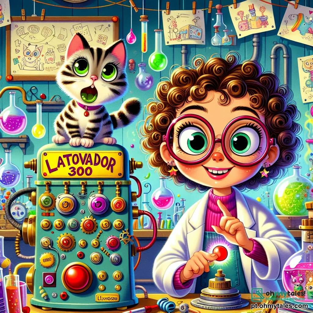 A história se passa no laboratório colorido de Lúcia, uma inventora entusiasmada. Ela é uma mulher de cerca de trinta anos, com cabelos cacheados e óculos redondos que escorregam pelo nariz. Seu rosto brilha com um grande sorriso enquanto segura um botão vermelho brilhante, pronta para ativar sua invenção excêntrica, o Gatovoador 3000. Ao lado dela, Tico, seu gato travesso, é um pequeno felino listrado com olhos verdes brilhantes. Ele está empoleirado em uma prateleira, parecendo curioso, mas um pouco apreensivo, observando os preparativos de Lúcia com uma pata levantada, como se hesitasse em pular. O laboratório é um lugar mágico, cheio de máquinas estranhas, livros espalhados, frascos coloridos e desenhos nas paredes. Nuvens de vapor colorido flutuam no ar, e bolhas de sabão saem de uma máquina em um canto. A cena principal mostra Lúcia prestes a pressionar o botão de sua invenção, enquanto Tico, com um olhar curioso e temeroso, se prepara para uma aventura inesperada. Efeitos de luz e cores vivas cercam a cena, adicionando um toque de magia a essa invenção excêntrica.